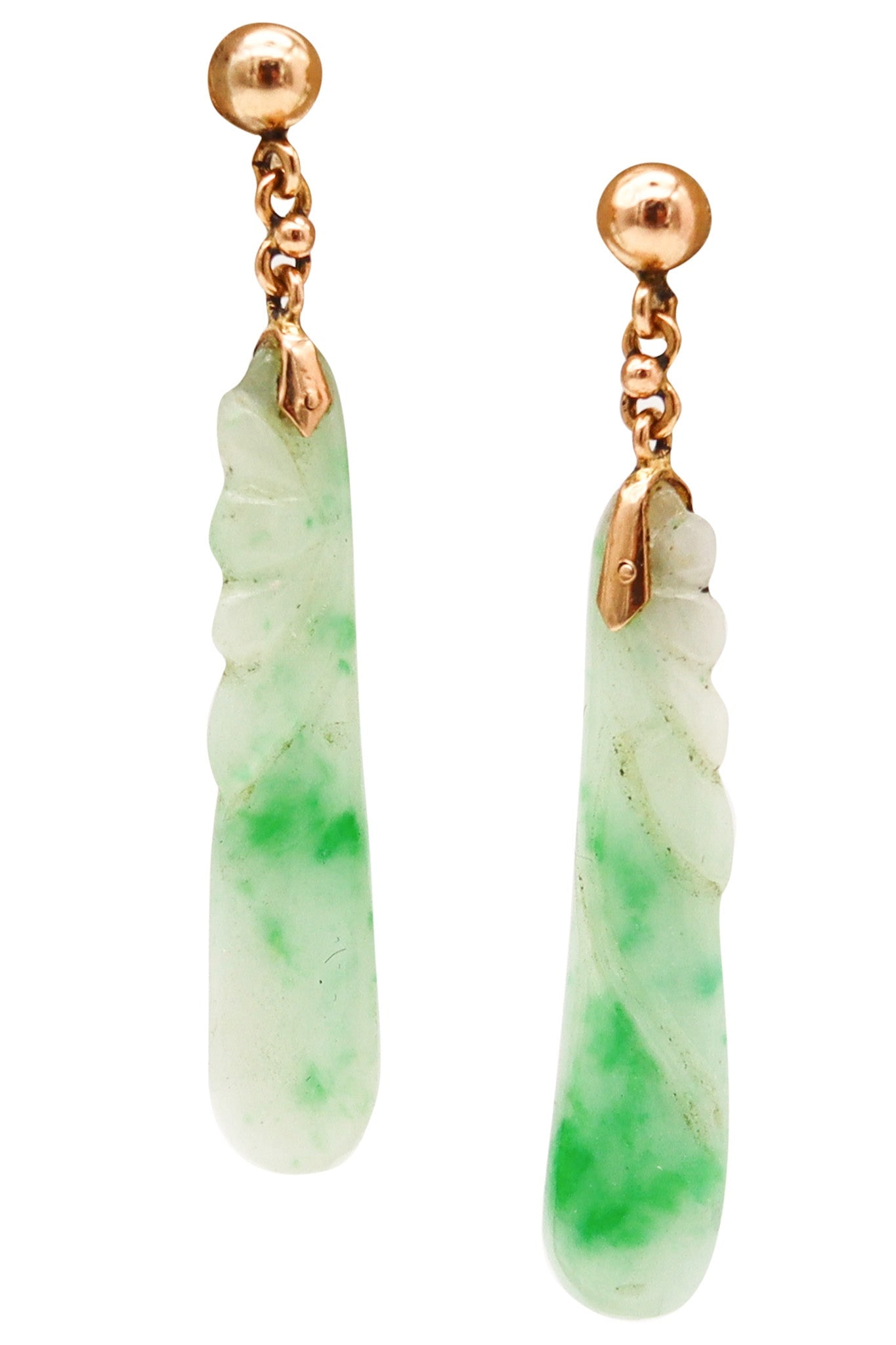Dangle Earrings With Organic Motifs In 14Kt Yellow Gold And Jade: Orientalist-inspired dangle drop earrings, Asia, hand crafted in solid 14K yellow gold with a high-polish finish. Suspended with two intricately carved translucent green jade elements in organic motif