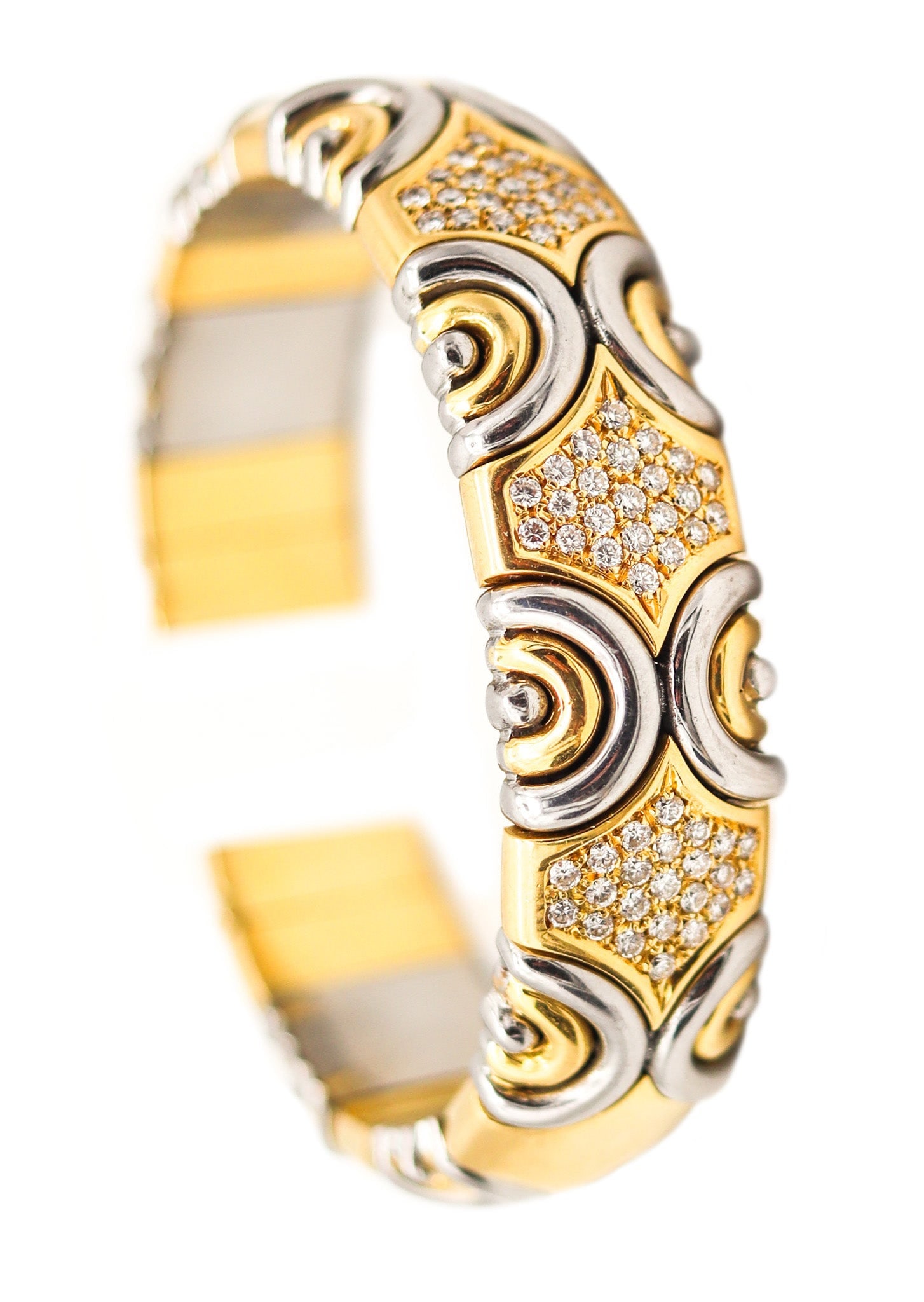 FRED Paris 1980 Bangle-Cuff Bracelet 18Kt Yellow Gold, Stainless And Diamonds: Vintage Fred Joaillier diamond cuff bracelet, Paris, late 1980s, crafted in a bold Modernist geometric design combining solid 18K yellow gold and steel, all with a high-polish finish. Pavé set wi