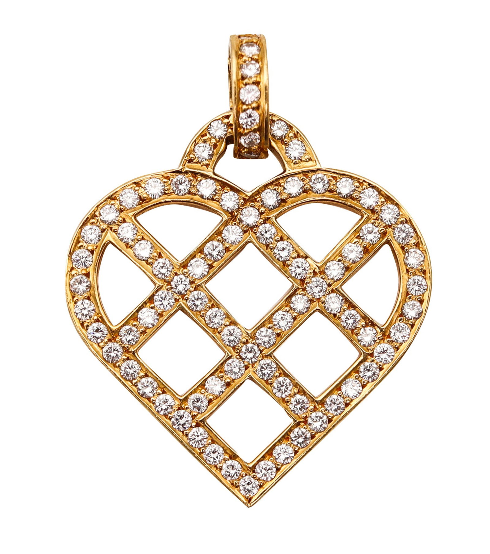 O. J. PERRIN Paris Geometric Heart Pendant in 18Kt Gold With 2.52 Ctw Diamonds: Modernist heart-shaped pendant by O. J. Perrin, Paris, circa 1980s, crafted in solid 18K yellow gold with a high-polish finish and sleek squared geometry. Pavé set with 84 calibrated round brilli