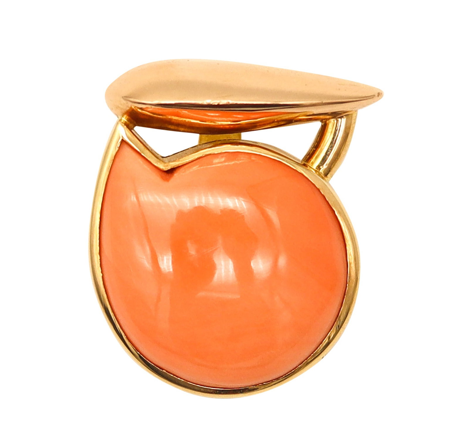 GIORGIO FACCHINI Sculptural Abstract Pendant In 18Kt Yellow Gold With Coral: One-of-a-kind sculptural pendant by Italian master jeweler/artist Giorgio Facchini, crafted in solid 18K yellow gold with a high-polish finish as an abstract wearable art piece. Embellished with an or