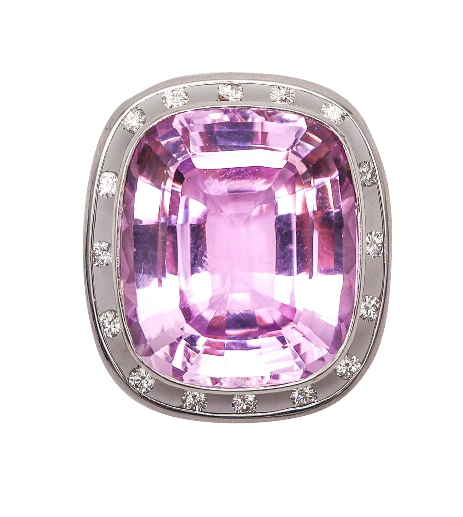 MODERNIST Pendant Necklace In 18Kt Gold With 37.69 Ctw In Kunzite & Diamonds: Modernist Italian pendant, circa 1990, crafted in solid 18K white gold and centered with a bezel-set cushion step-cut kunzite (25 x 21 x 10mm; approx. 36.73 ct by formula). Accented with 16 bezel-set 