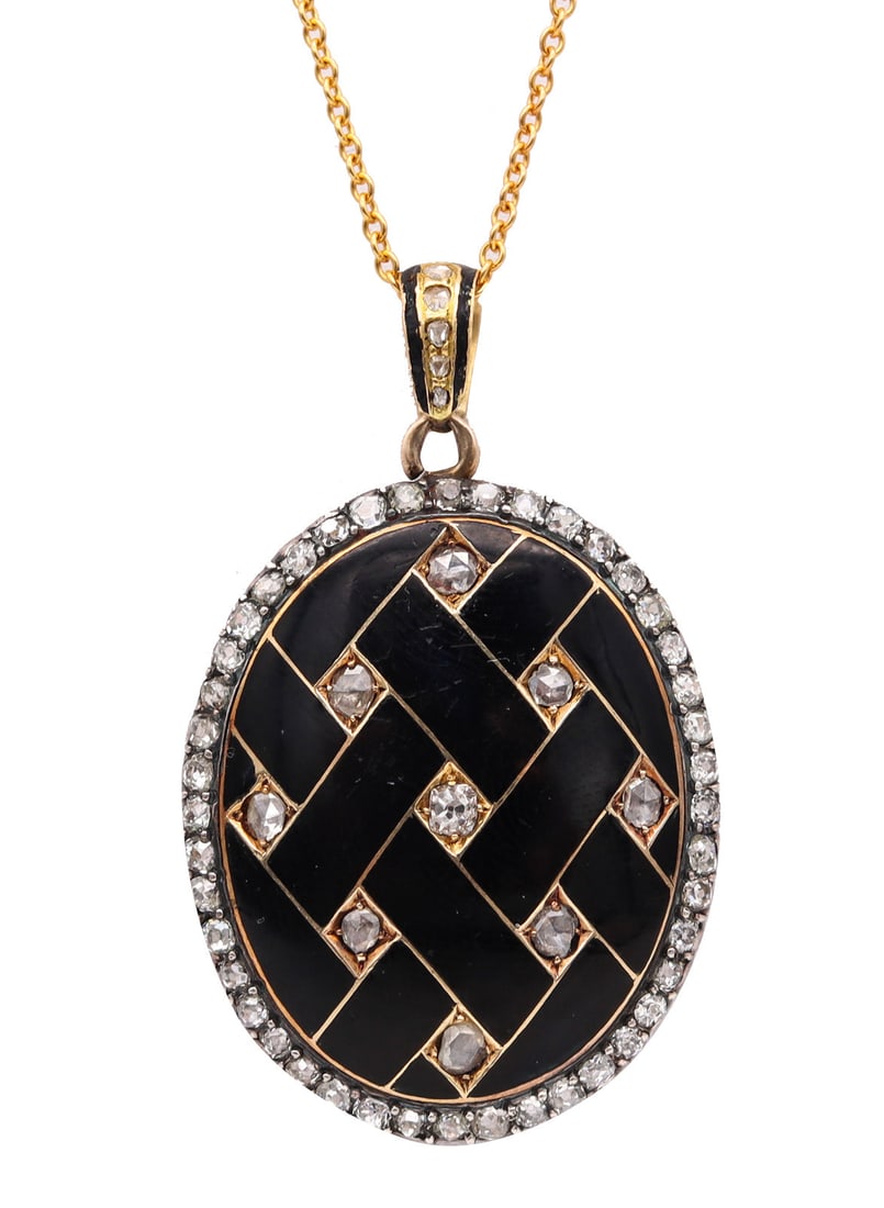 Victorian 1870 Geometric Enameled Oval Pendant Locket In 18Kt Gold With 4.06 Ctw In Diamonds: Victorian silhouette pendant, a 19th-century jewel inspired by the era’s popular profile portraits, distinguished here by an unusual geometric loop motif with diamonds set at each junction. Craf