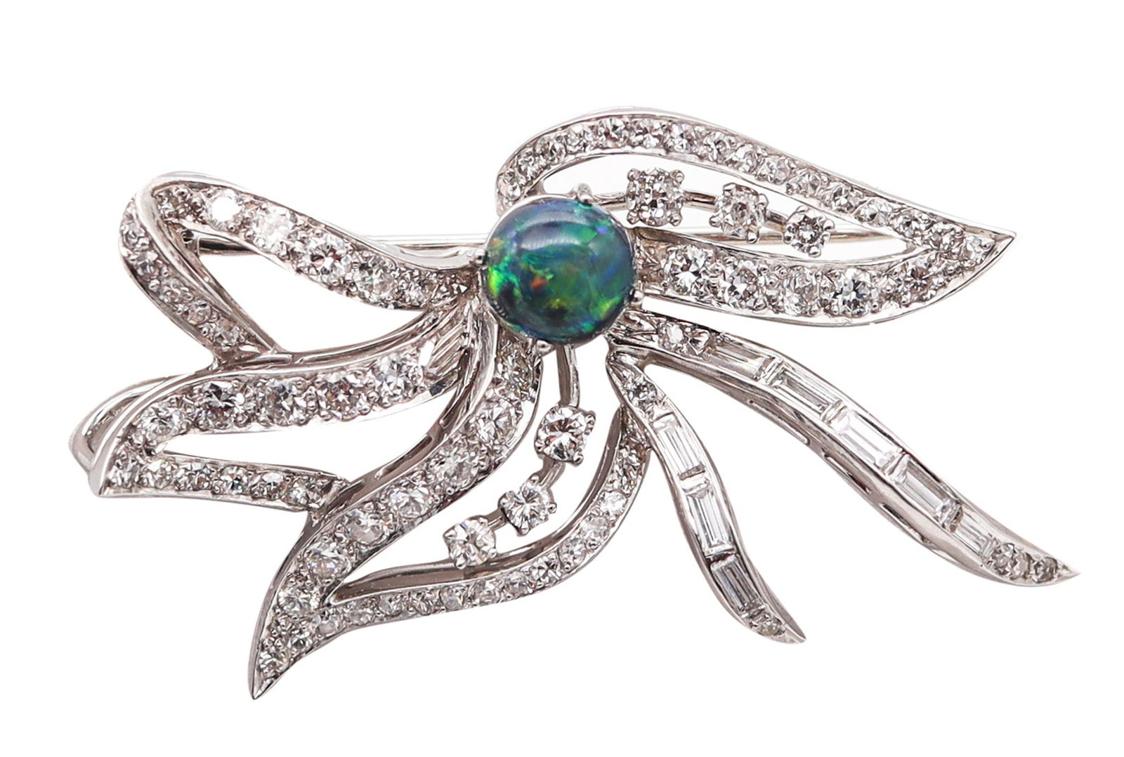 MID CENTURY 1950 Pendant Brooch In Platinum With 5.64 Ctw In Diamonds And Opal: Sparkling mid-century convertible pendant-brooch, America, circa 1950s, crafted in solid platinum (electronically tested) with polished Retro‑Modernist styling. Fitted with a hinged pin bar for 