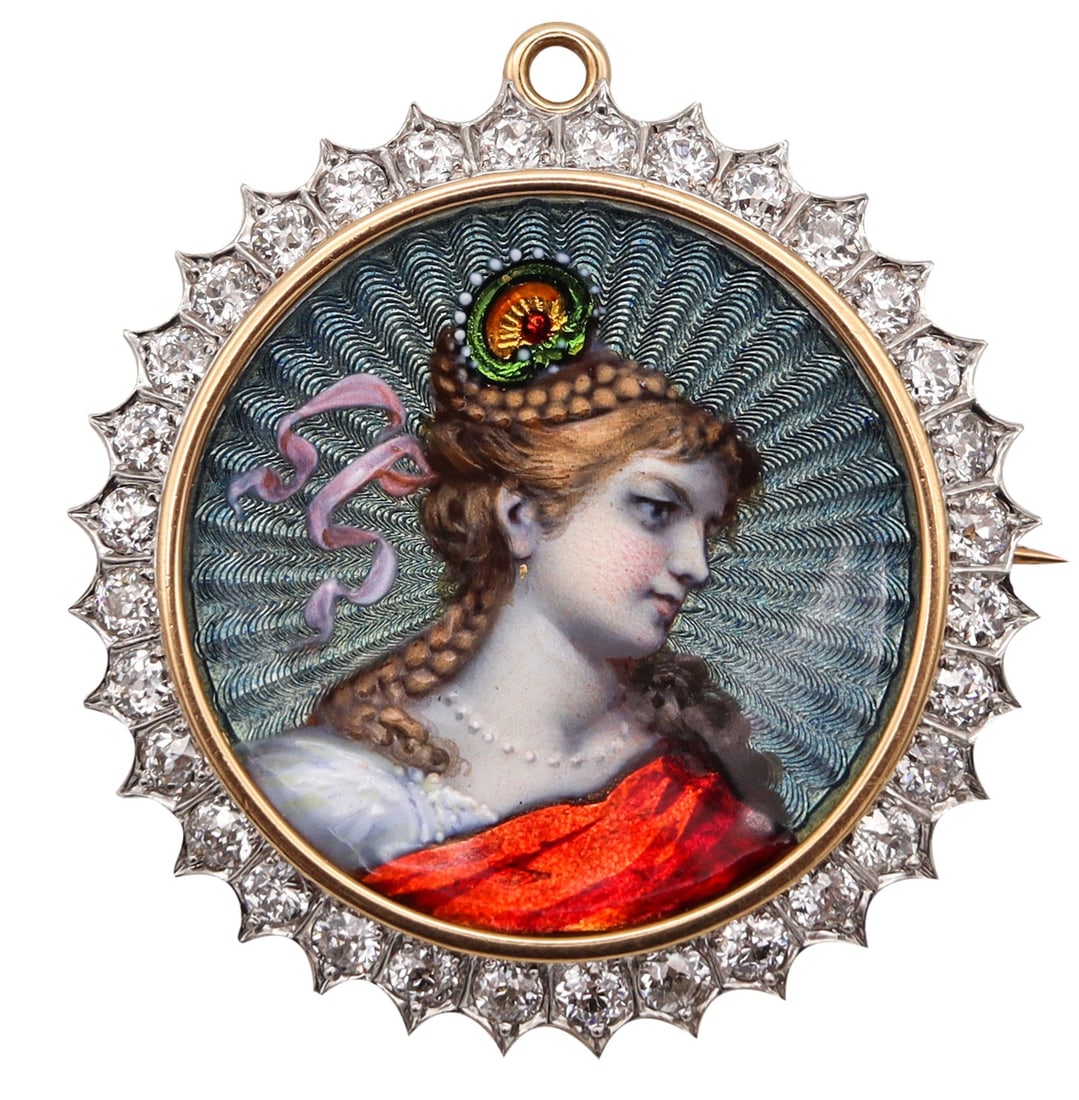 Edwardian 1905 Fabulous Guilloche Pendant Brooch In 18Kt Gold Platinum With 2.56 Cts Diamonds: Edwardian/Belle Époque convertible brooch‑pendant, circa 1900s (most likely France), exquisitely crafted in solid 18K yellow gold with platinum accents for the diamond settings. Fitted with