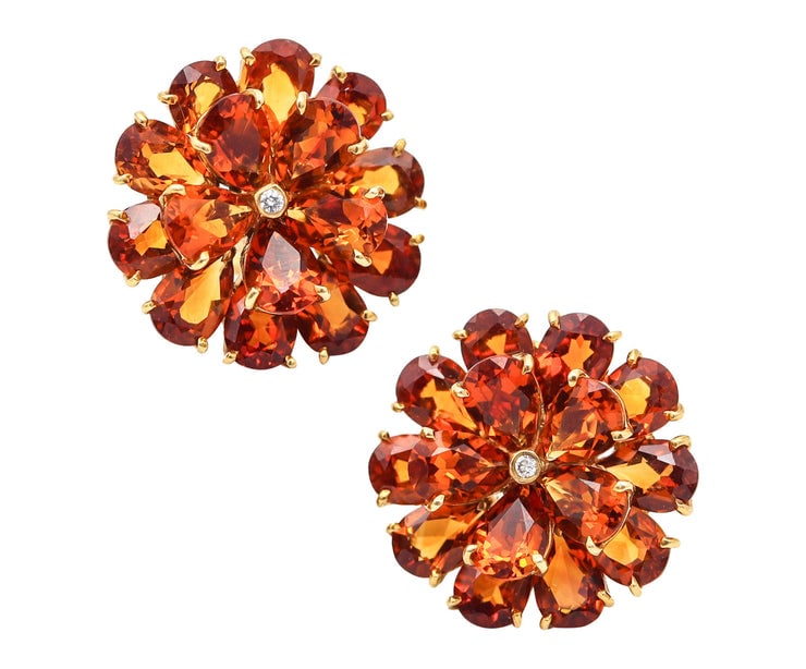 TIFFANY & CO. 1950 Clips-On Earrings In 18Kt Yellow Gold With Madeira Citrines: Bold citrine-and-diamond jewel (Tiffany & Co.), crafted in solid 18K gold (.750) and set with 32 pear-shaped faceted natural Madeira/cognac citrines totaling approx. 48.00 ctw in four-prong settings, 