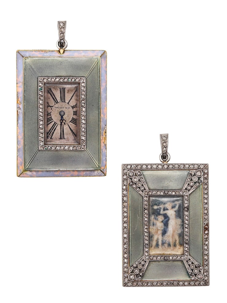 TIFFANY & CO. 1910 Verger Freres Edwardian Guilloche Pendant Watch In Platinum & Diamonds (1 of 8)