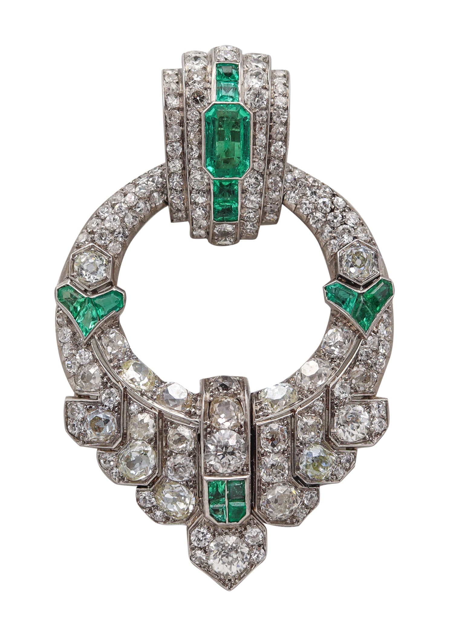 OSTERTAG Paris 1930 Art Deco Pendant Brooch Platinum 20.24 Ctw Diamonds & Emeralds: Exceptionally rare Ostertag convertible jewel, France, circa 1920s, showcasing innovative period engineering. Crafted in platinum (French hallmarked) with superb French pavé and millegrain work. 
