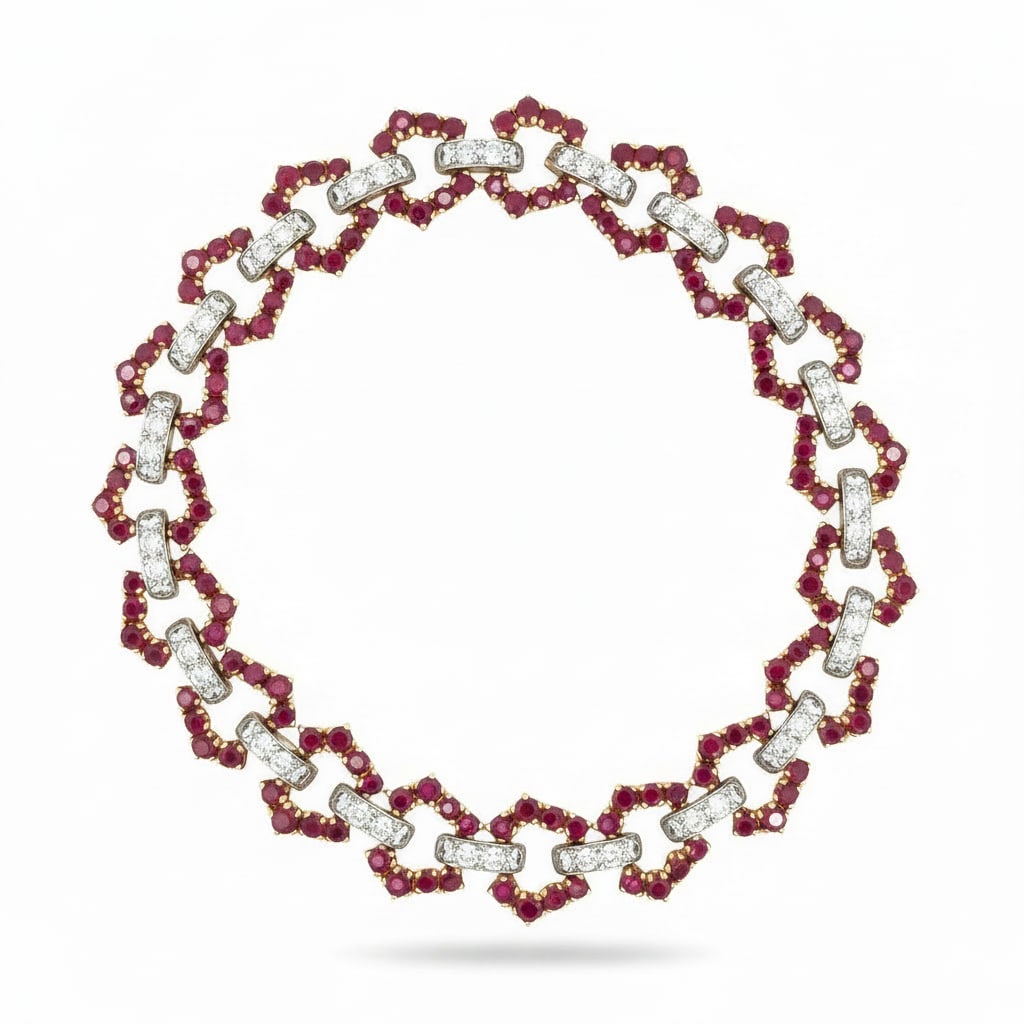 David Webb 18K Gold & Platinum Bracelet with 14.55 CTW in Rubies & Diamonds: Striking David Webb bracelet crafted in 18K gold and platinum, richly set with round brilliant-cut rubies totaling approximately 11.70 CTW for saturated, vivid red impact. Accented throughout with rou