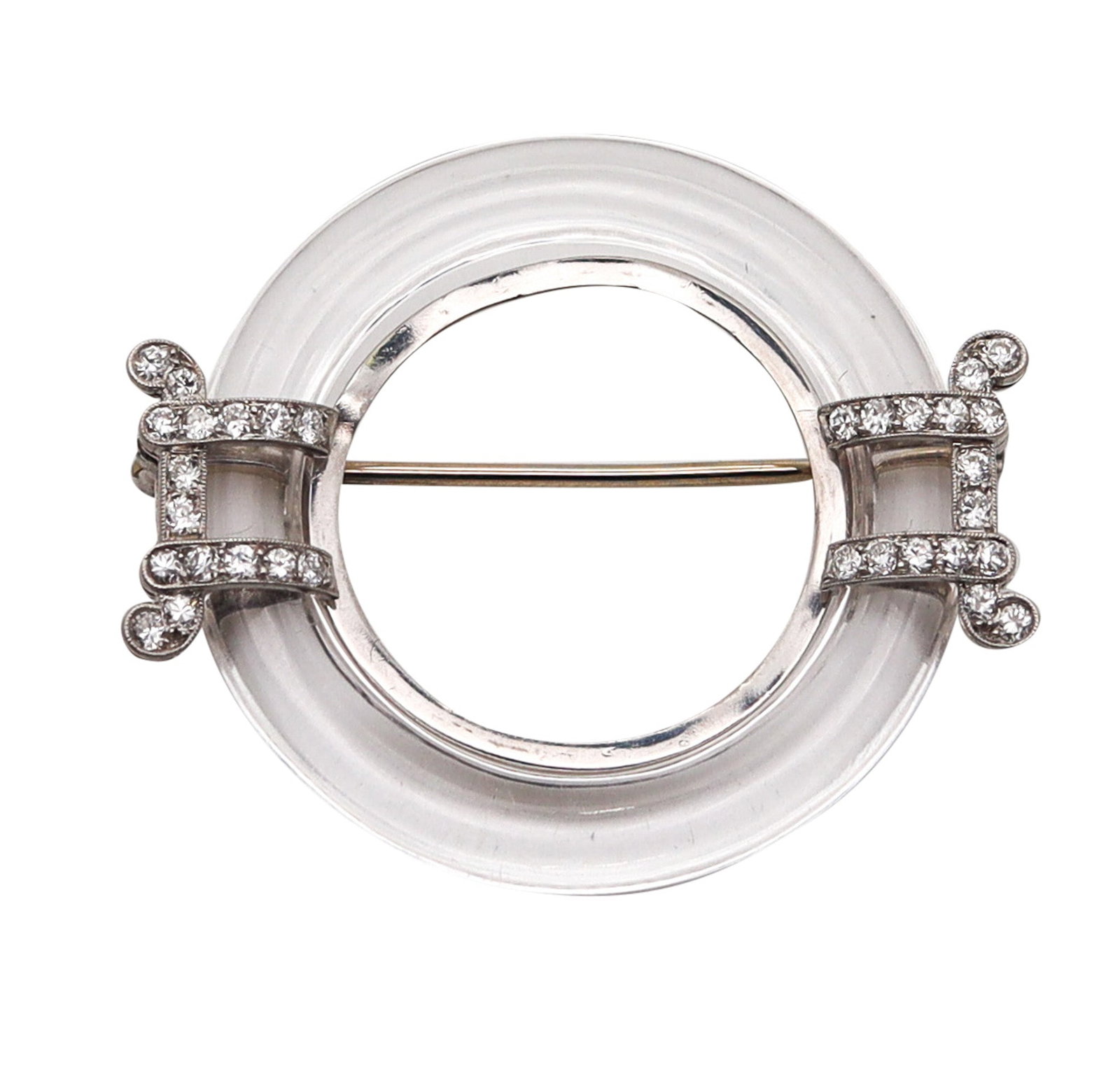 Black Starr & Frost 1925 Art Deco Rock Quartz Brooch In Platinum With Diamonds: Chinoiserie-inspired jewel by Black, Starr & Frost, designed with playful asymmetry and ornate decorative influence. Crafted in platinum (stamped) and centered with a round fancy cabochon natural rock