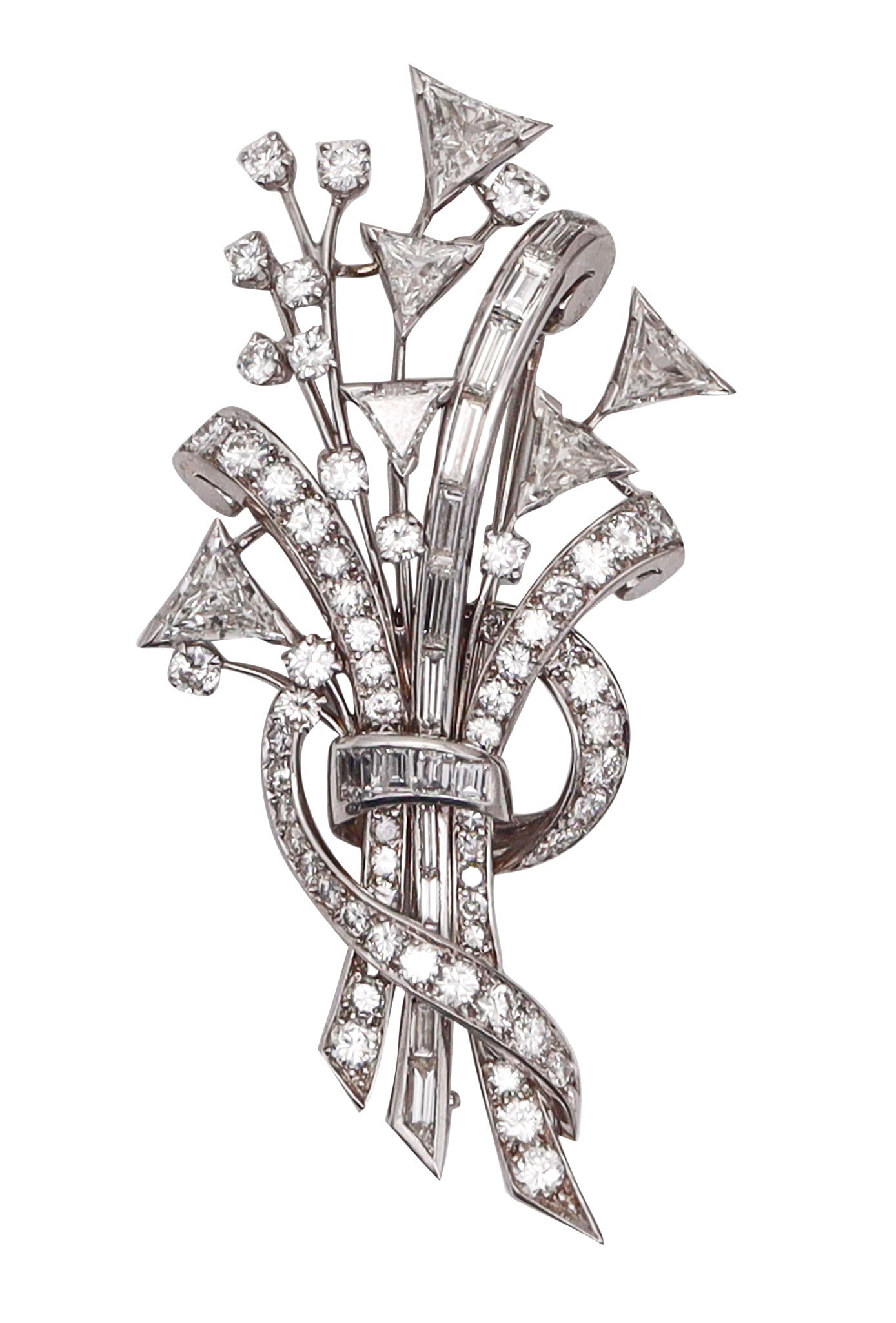 ART DECO 1940 Pendant-Brooch In Solid Platinum With 7.52 Ctw In VS Diamonds: Fantastic late Art Deco convertible pendant-brooch, America, circa 1935–1940, masterfully crafted as a platinum bouquet in solid .900 platinum (electronically tested) with a 14K white-gold pin b