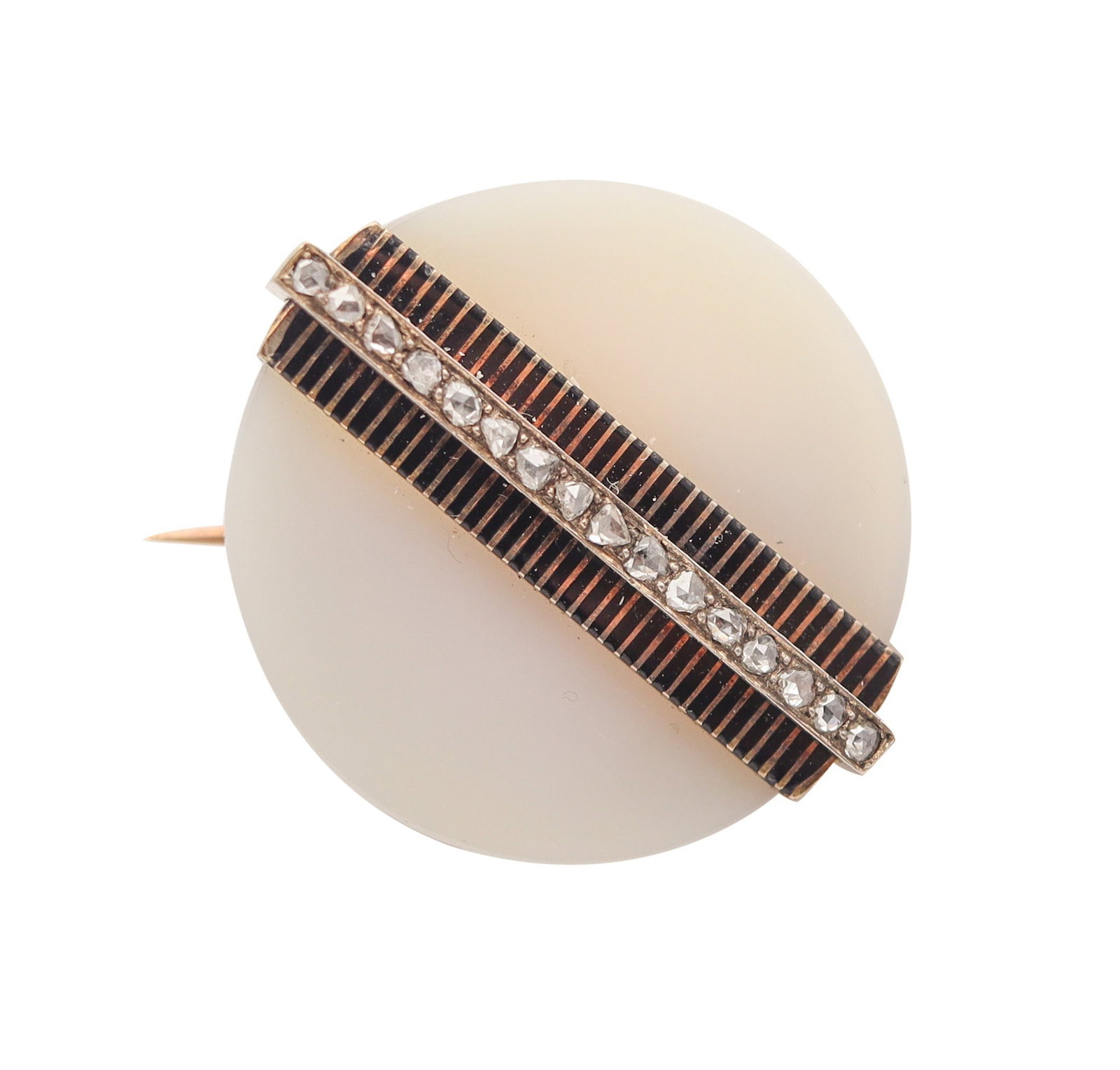 VICTORIAN 1880 Industrialism Pendant-Brooch In 14Kt Gold With Agate & Diamonds: Industrialism-inspired convertible pendant-brooch, designed with crisp geometric, rivet-like detailing evocative of early machine-age aesthetics. Centered with a screw-set round flat cabochon transluc