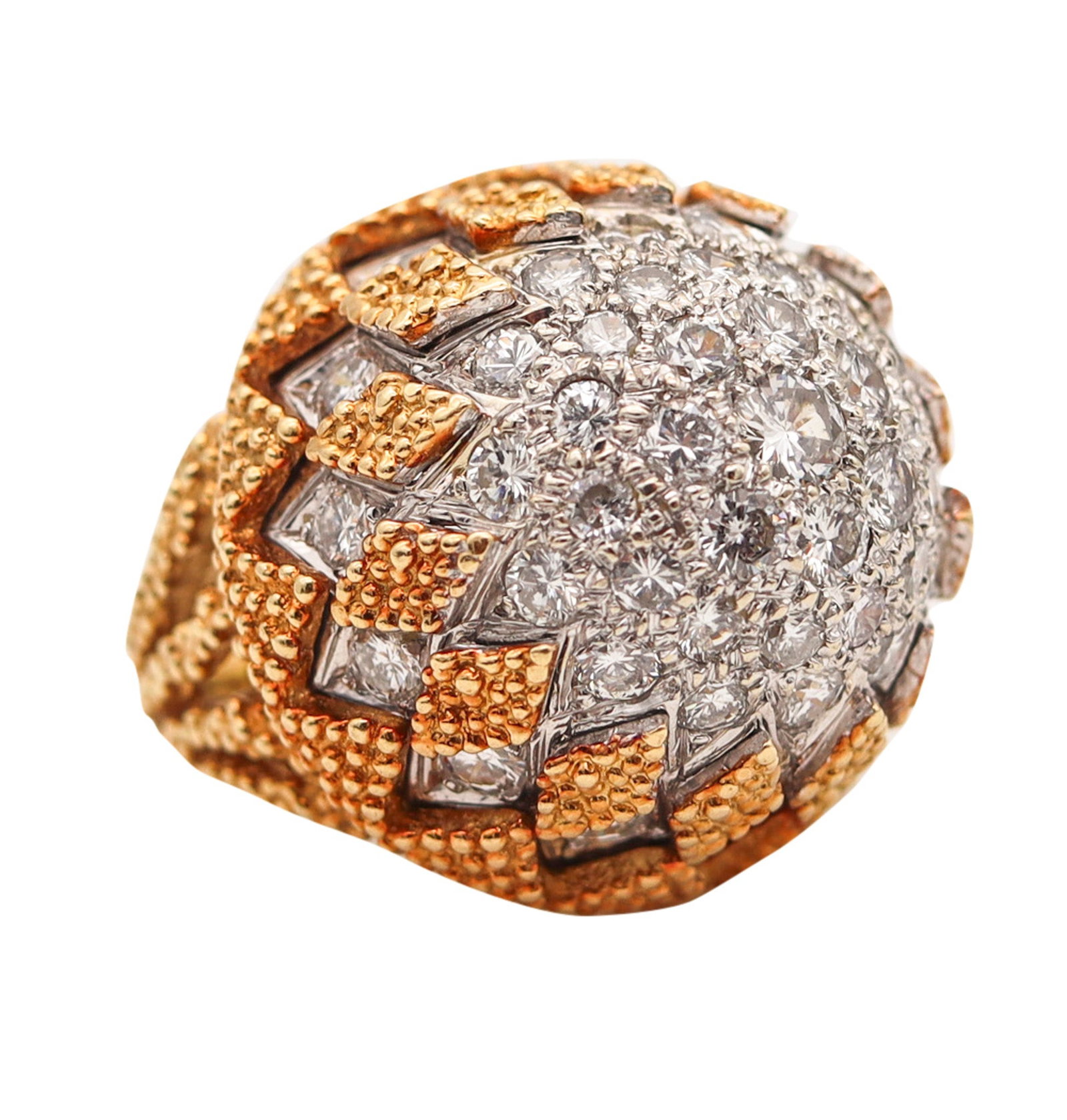ITALIAN Mid Century Bombe Cocktail Ring In 18Kt Gold Platinum And 5.60 Cwt Diamonds: Fabulous mid-century Italian bombe cocktail ring, circa 1960–1970, masterfully crafted in solid 18K yellow gold with a rich high-polish finish and a platinum gallery for the diamond settings. Th