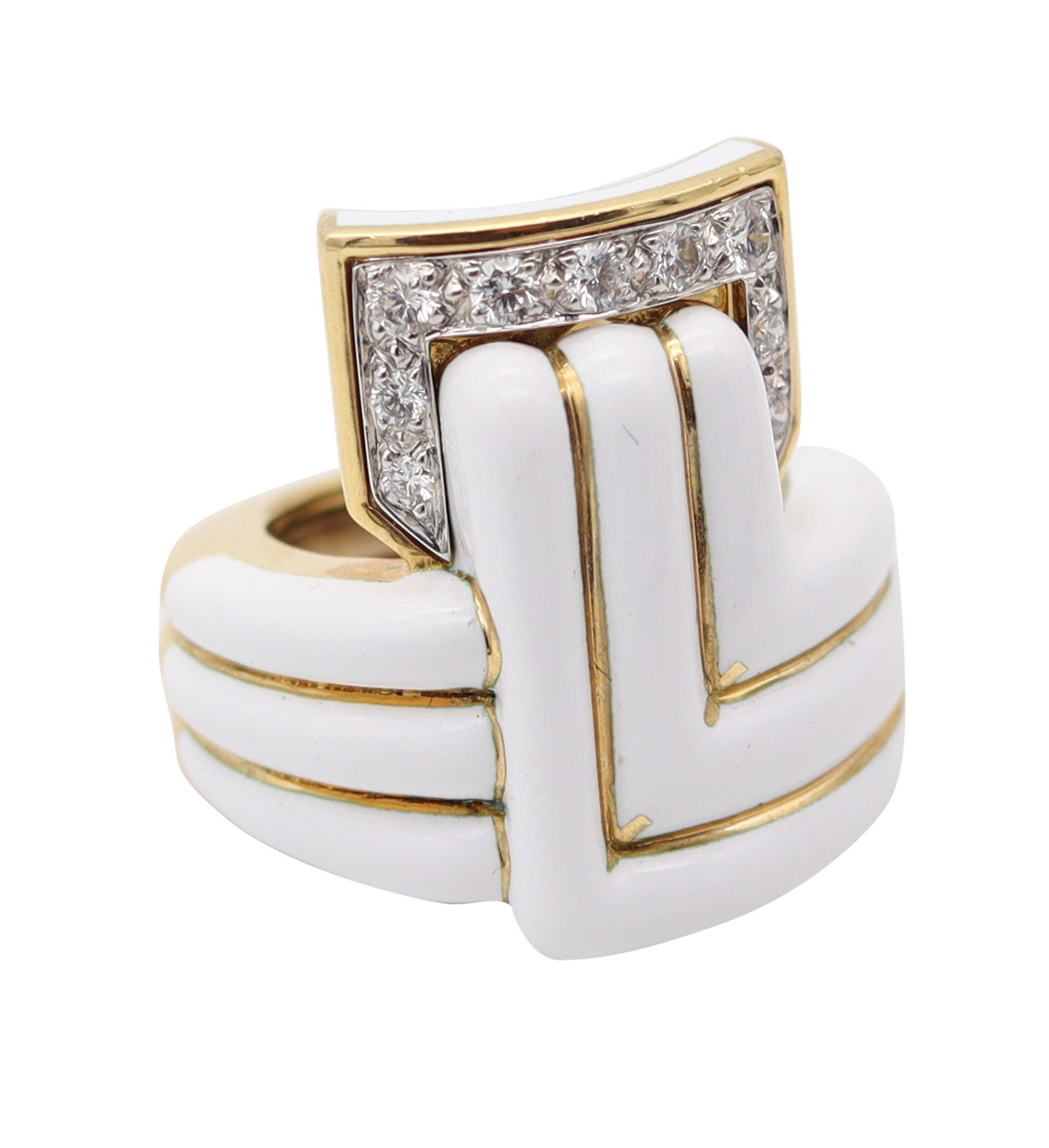 DAVID WEBB White Enameled Geometric Cocktail Ring With VVS Diamonds: Massive geometric cocktail ring by David Webb, New York City, circa 1980, masterfully crafted in solid 18K yellow gold with diamond settings in .900 platinum, finished with a high polish and striking 