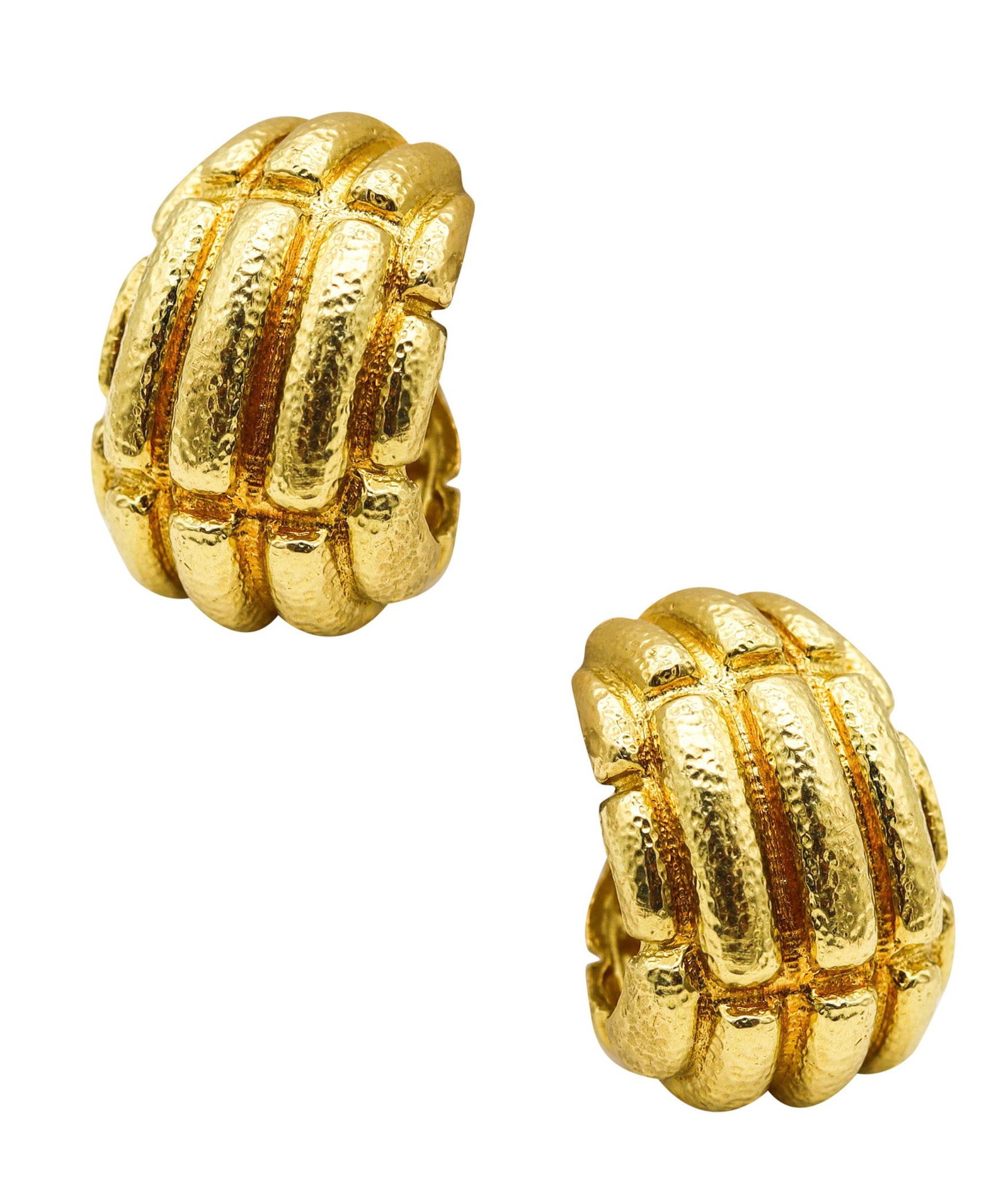 DAVID WEBB 1970 Hoops Earrings In Solid Hammered 18Kt Yellow Gold: Fabulous collector hoop clip-on earrings by David Webb, New York City, circa early 1970s, crafted in solid 18K chased yellow gold with rich textured, hammered finishes and an intentionally aged patina