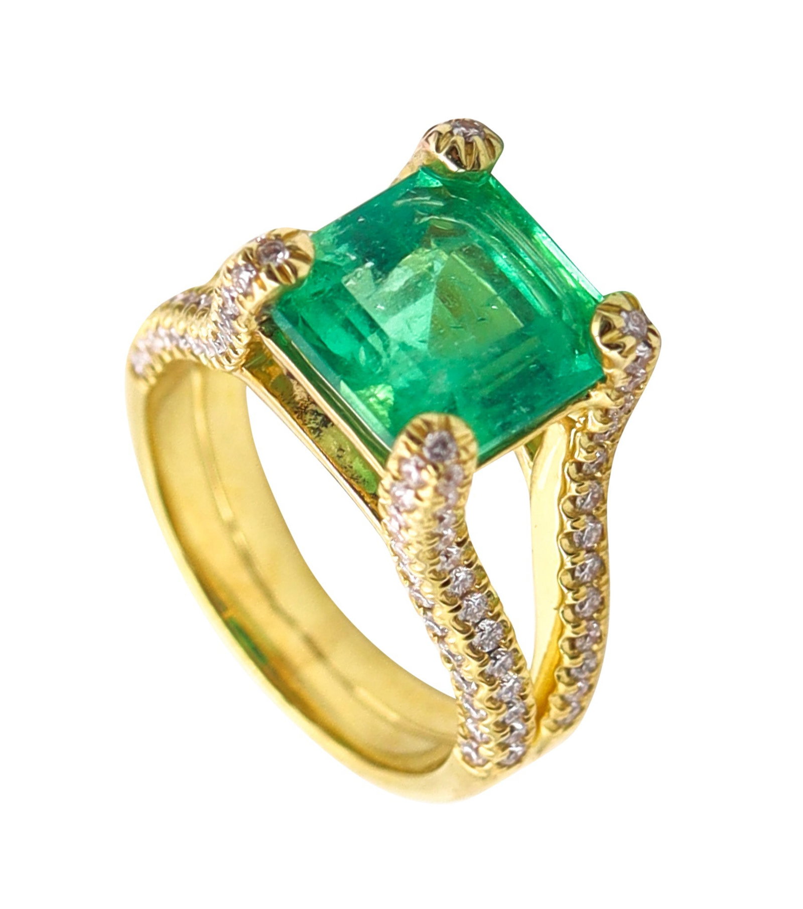GIA CERTIFIED Cocktail Ring In 18Kt Gold With 6.58 Ctw In Emerald & Diamonds: Contemporary emerald-and-diamond cocktail ring, crafted in solid 18K yellow gold with a polished finish. Centered with a four-prong set octagonal square step-cut natural Colombian emerald (10.30 x 10.