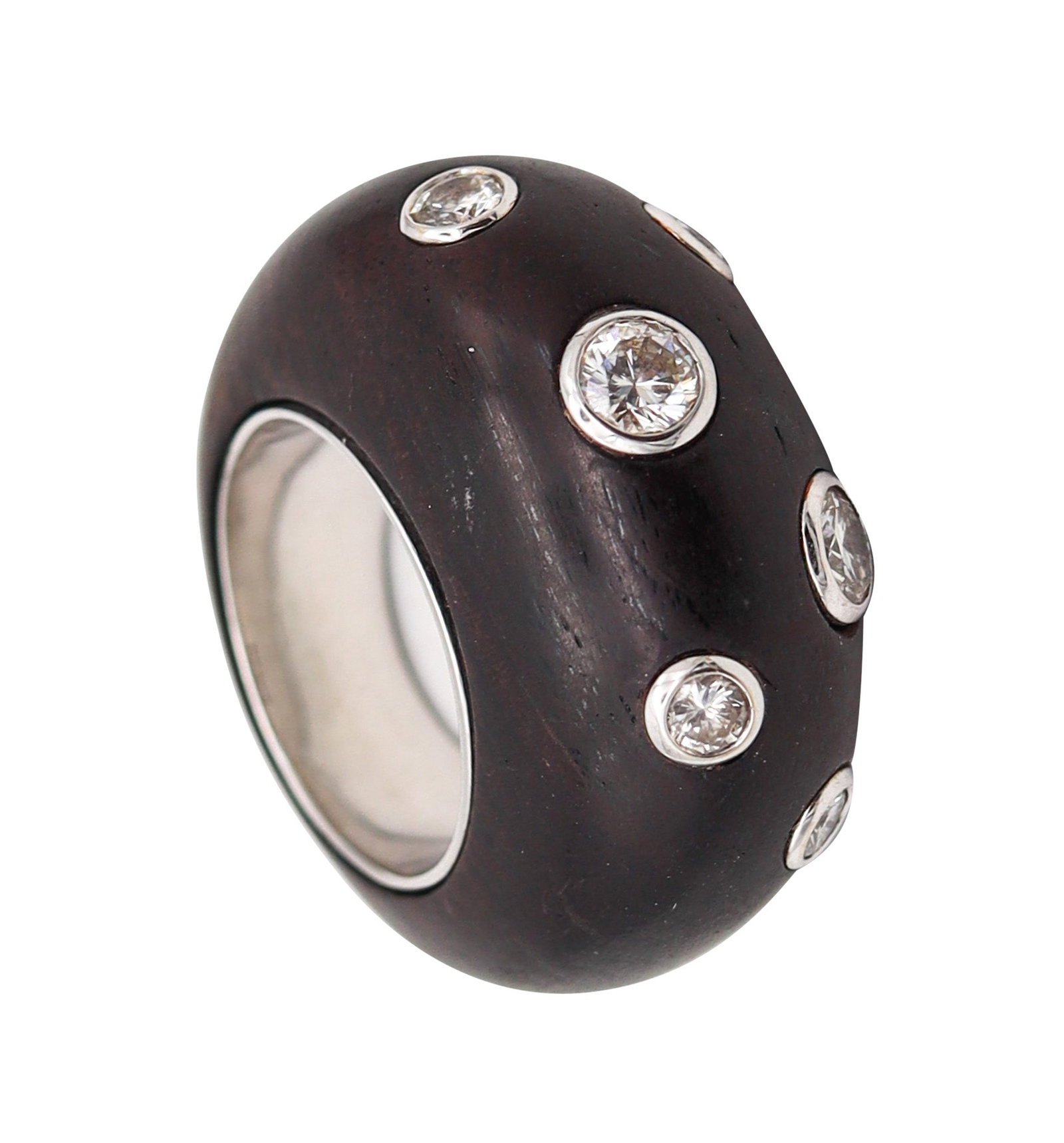FRED LEIGHTON French Domed Wood Ring In 18Kt White Gold With VS Diamonds: Statement domed ring retailed by Fred Leighton, New York City, circa 1990, designed in an Art Deco/modernist spirit after René Boivin. Masterfully crafted in carved ebony wood with 18K white gold