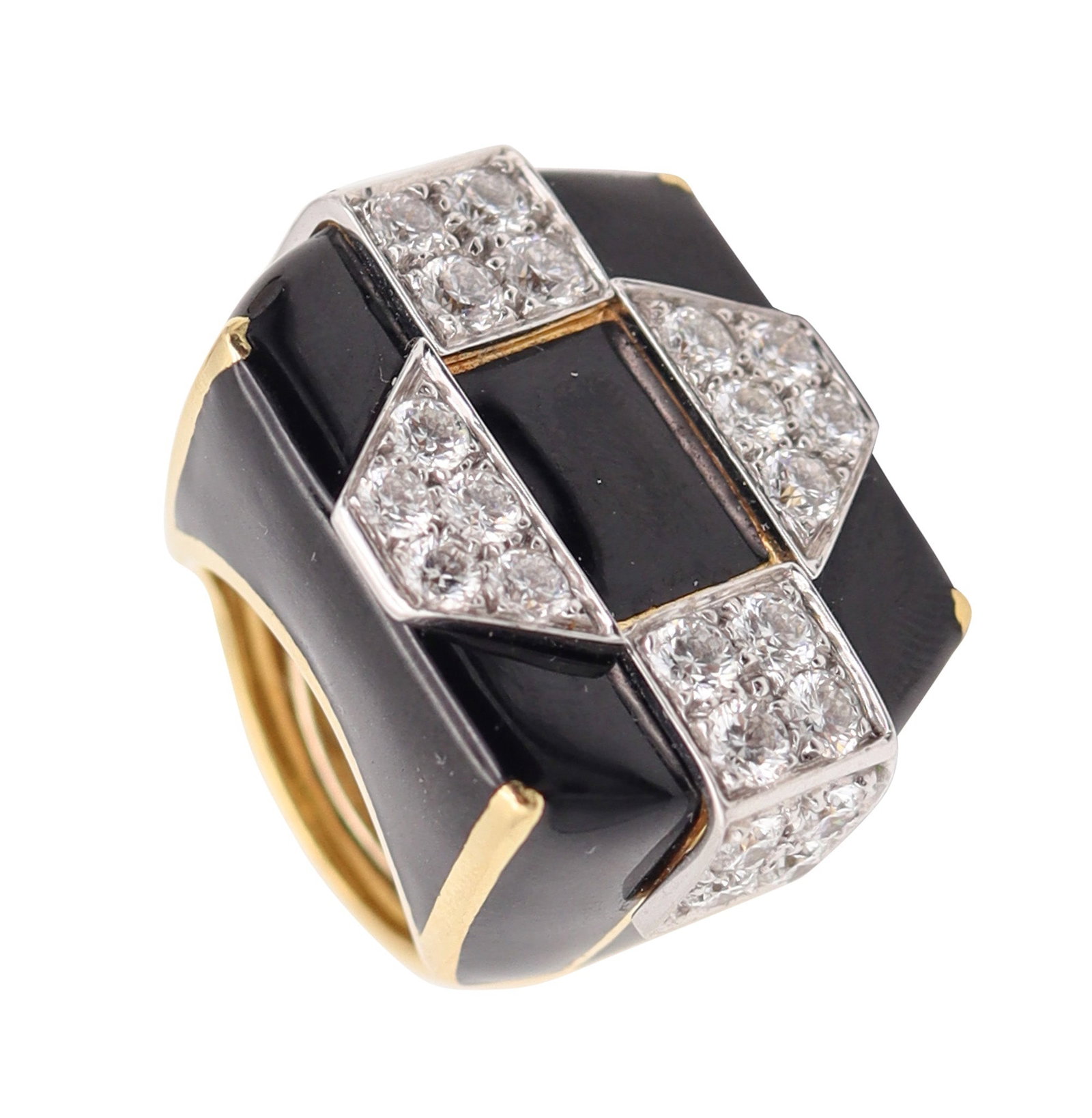 DAVID WEBB Black Enameled Cocktail Ring In 18Kt Gold With 3.96 Cwt. VVS Diamonds: Outstanding geometric cocktail ring by David Webb, New York City, circa 1980, masterfully crafted in solid 18K yellow gold with diamond settings in .900 platinum, finished with a high polish and drama