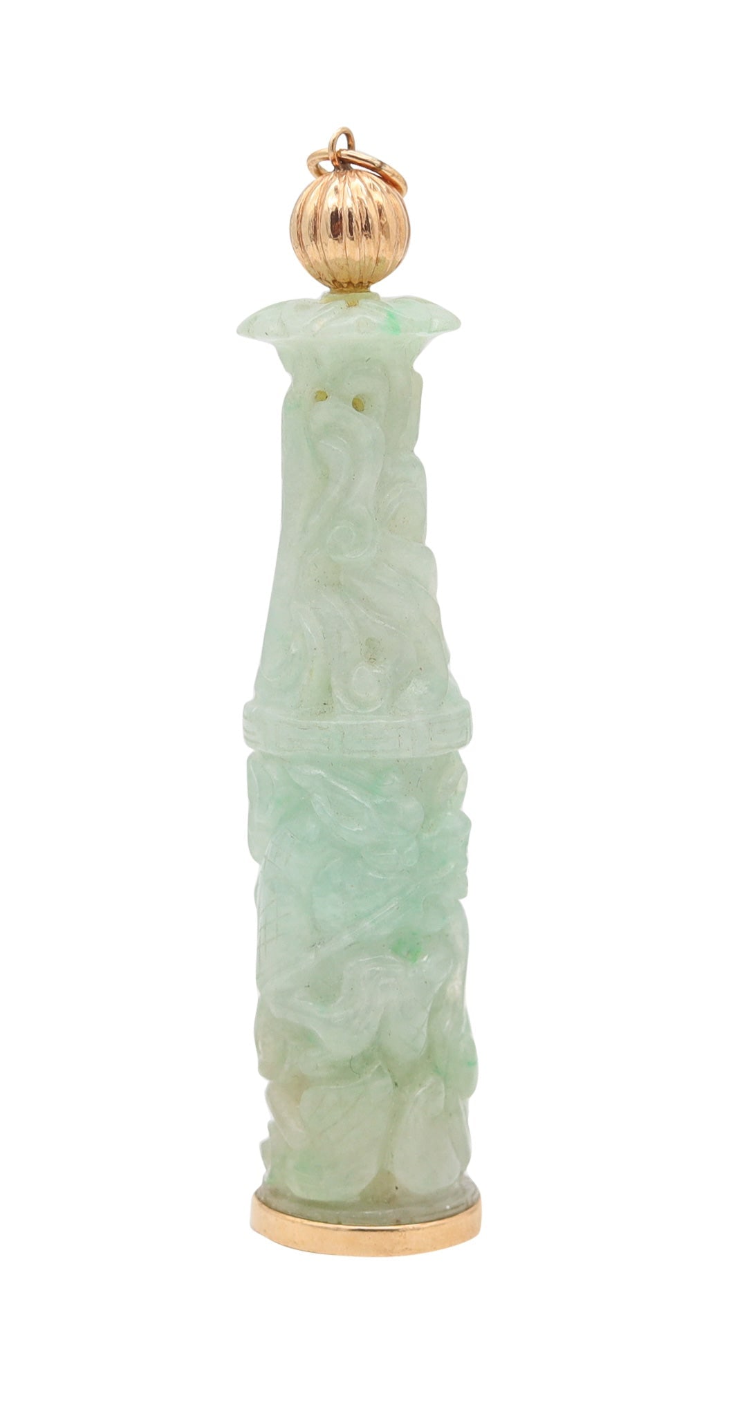 ORIENTALISM Pendant With Organic Motifs In 14Kt Yellow Gold Jade: Large orientalist-inspired jade pendant, Asia, hand crafted in solid 14K yellow gold with a high-polish finish and a movable jump ring for chain wear. Suspended with an intricately carved translucent 
