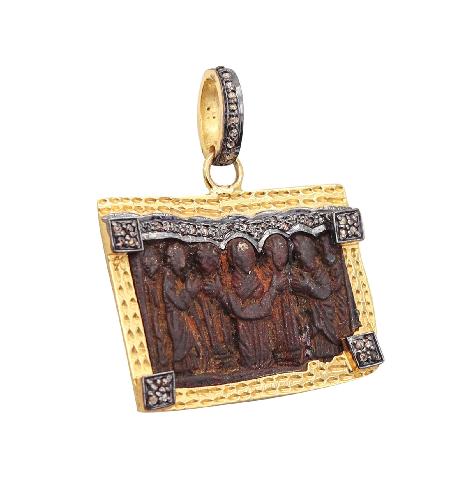BYZANTINE 1650 Orthodox Medal In Copper 18Kt Vermeil Sterling And Diamonds: Antique Byzantine Orthodox medal pendant, centered with a late 17th-century archaeological copper medal from Novgorod, Russia (sand-cast circa 1640–1680), mounted in a custom reversible frame th