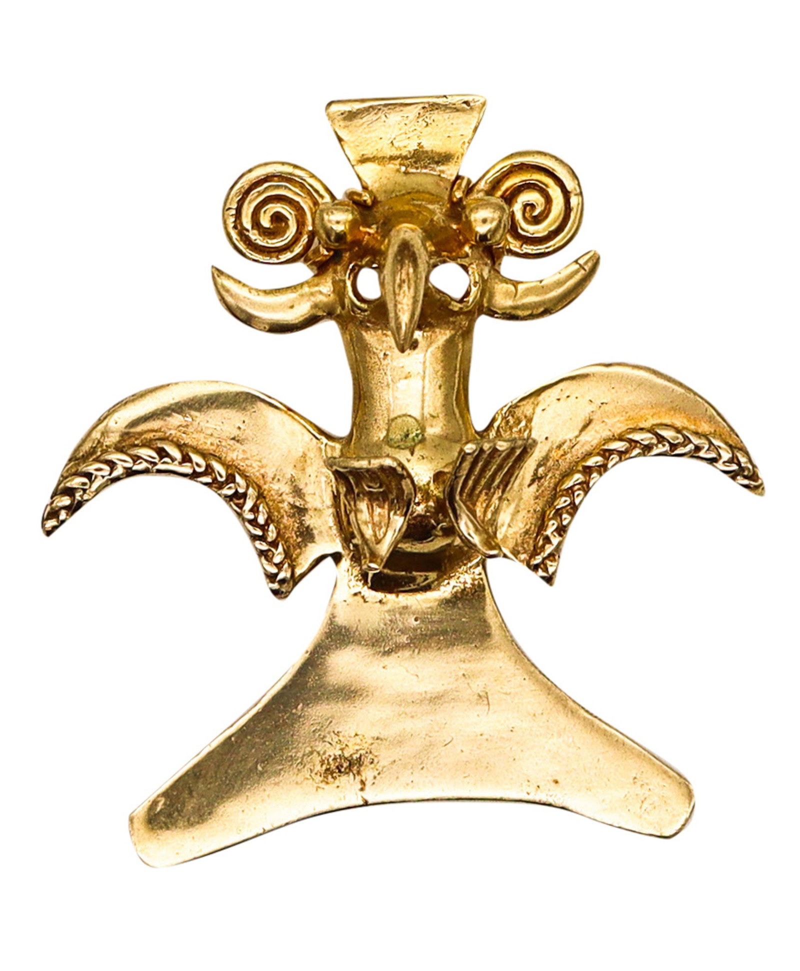 Pre Columbian 800-1450 AD Costa Rica Chiriki Tumbaga Gold Condor Pendant: Very rare archaeological pre‑Columbian Chiriki culture condor pendant, Costa Rica/Panama region, circa AD 800–1450, cast by the lost‑wax method in solid tumbaga gold. Modeled as a co