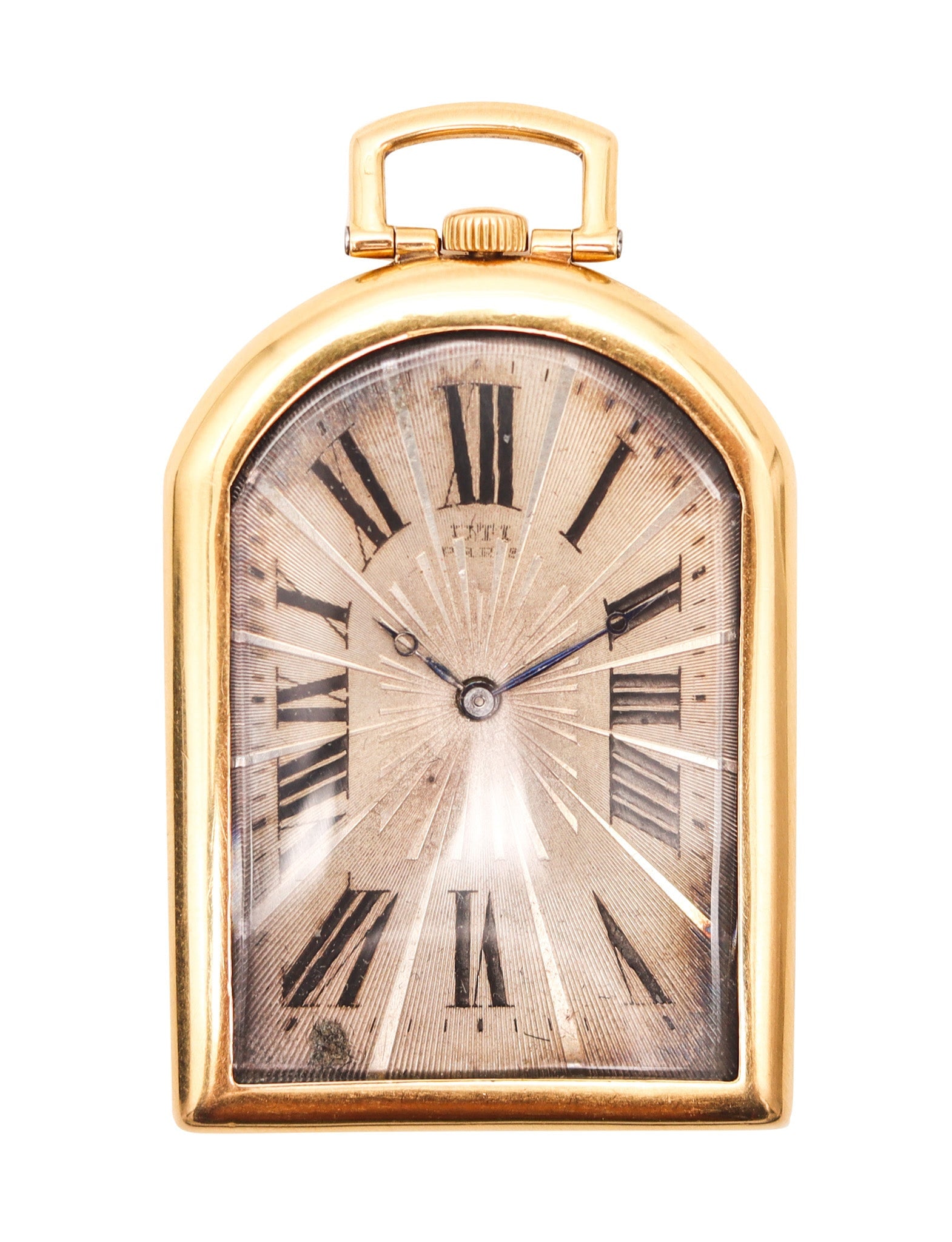 UTI Paris 1930 Art-Deco Odd Shape Pocket Watch In Solid 18Kt Yellow Gold: Art Deco UTI (Utinam) Paris ladies watch/clock, circa 1930, featuring a manual mechanical movement housed in a French-made case. Silver dial with radiating guilloché, black Roman numerals, and Br