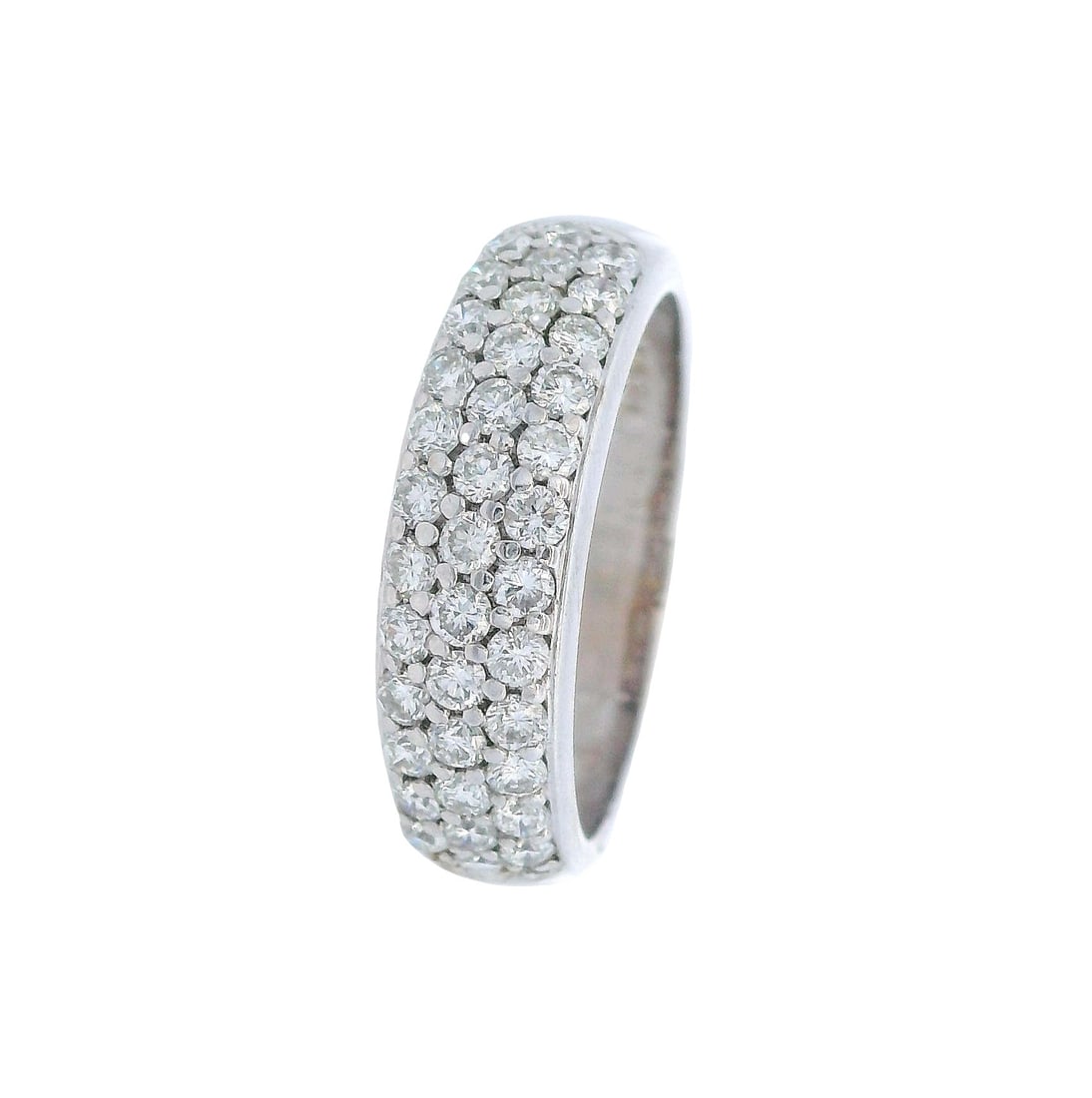 18K White Gold Half Eternity Band Ring with 1.01 CTW Diamonds: 18K white gold half eternity band ring pav?-set with 38 round diamonds totaling 1.01 ctw (F?G color, VS1 clarity) for continuous sparkle across the top. Stamped ?18K, D 1.01?. Size 7 3/4. Total weight