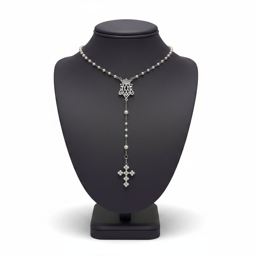 Antique Platinum & 18K Yellow Gold Rosary Necklace with Pearls & Diamonds: Antique rosary necklace crafted in mixed platinum and 18K yellow gold, accented with white pearls and embellished with tiny diamonds for subtle period sparkle. Designed to wear at the neck at approx. 