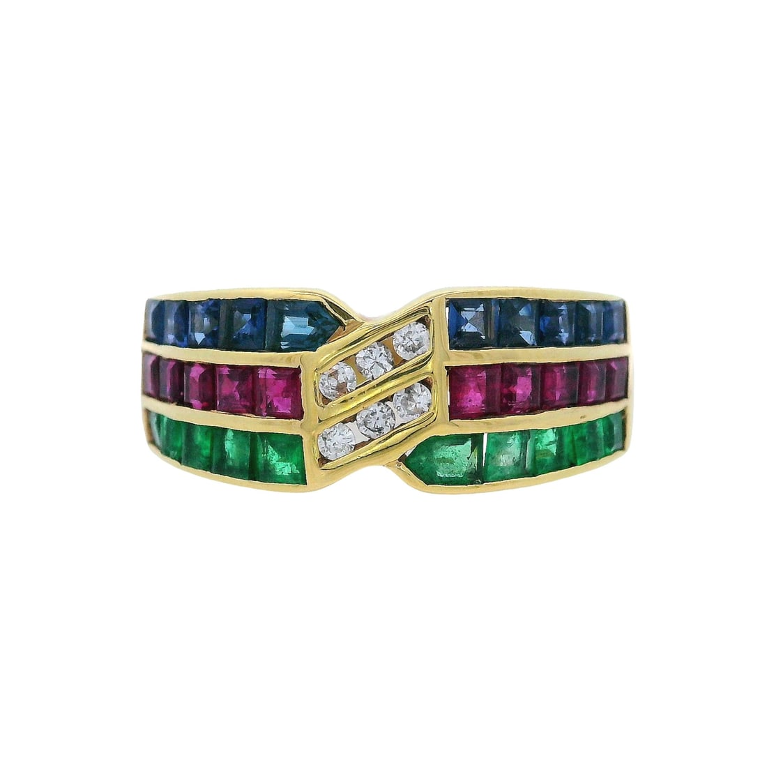 14K Yellow Gold Ring with Emeralds, Rubies & Sapphires: Vintage 14K yellow gold three-row band ring, channel set with calibrated emeralds (approx. 0.40 ctw), vivid rubies (approx. 0.45 ctw) and blue sapphires (approx. 0.45 ctw), accented at center with six