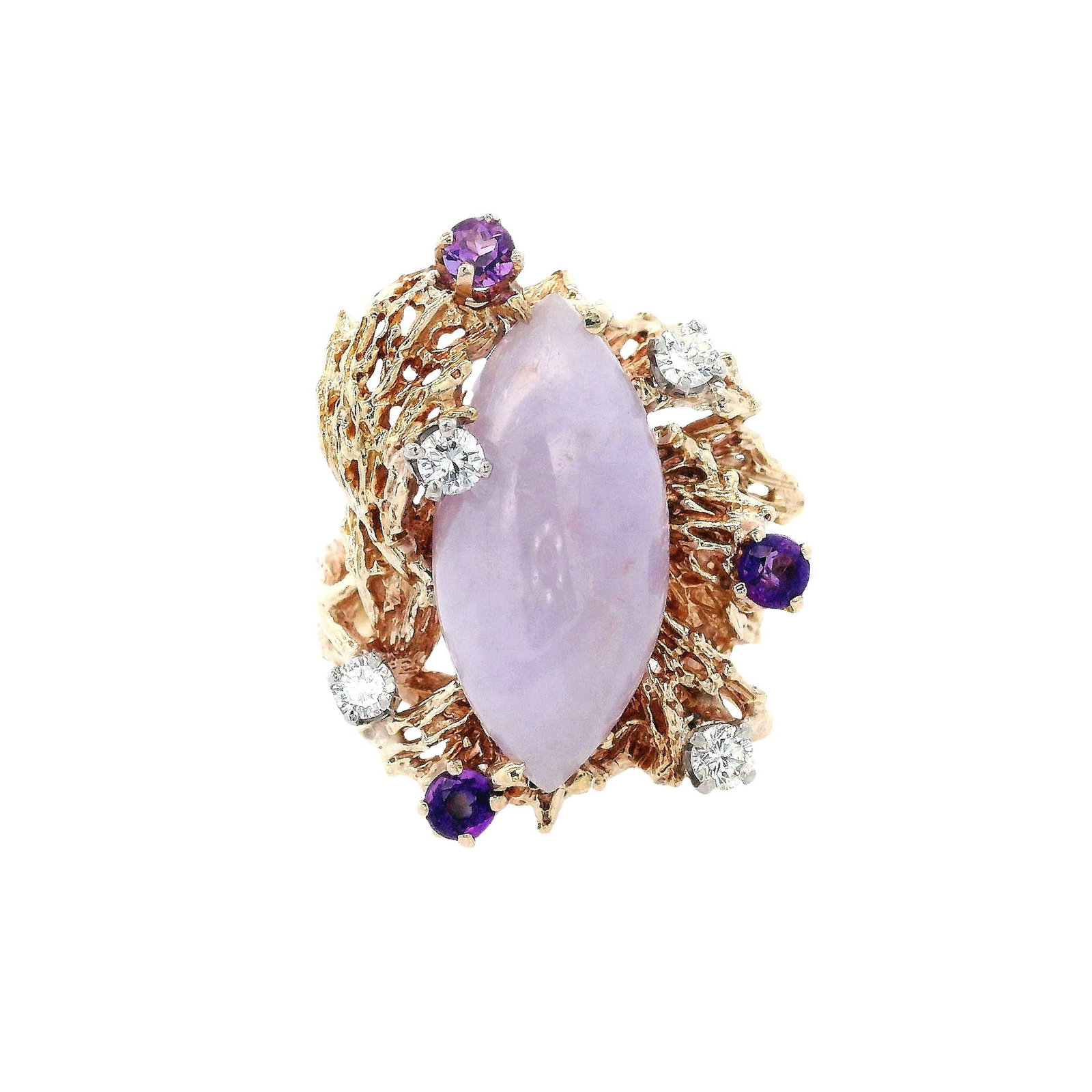 14K Yellow Gold Ring with 8.00 CTW in Lavender Jade, Diamonds & Amethyst: Modernist 14K yellow gold cocktail ring featuring a domed navette cabochon lavender jade approx. 8.00 ctw, framed by an organic, sculptural openwork mount. Accented with three round amethysts totaling