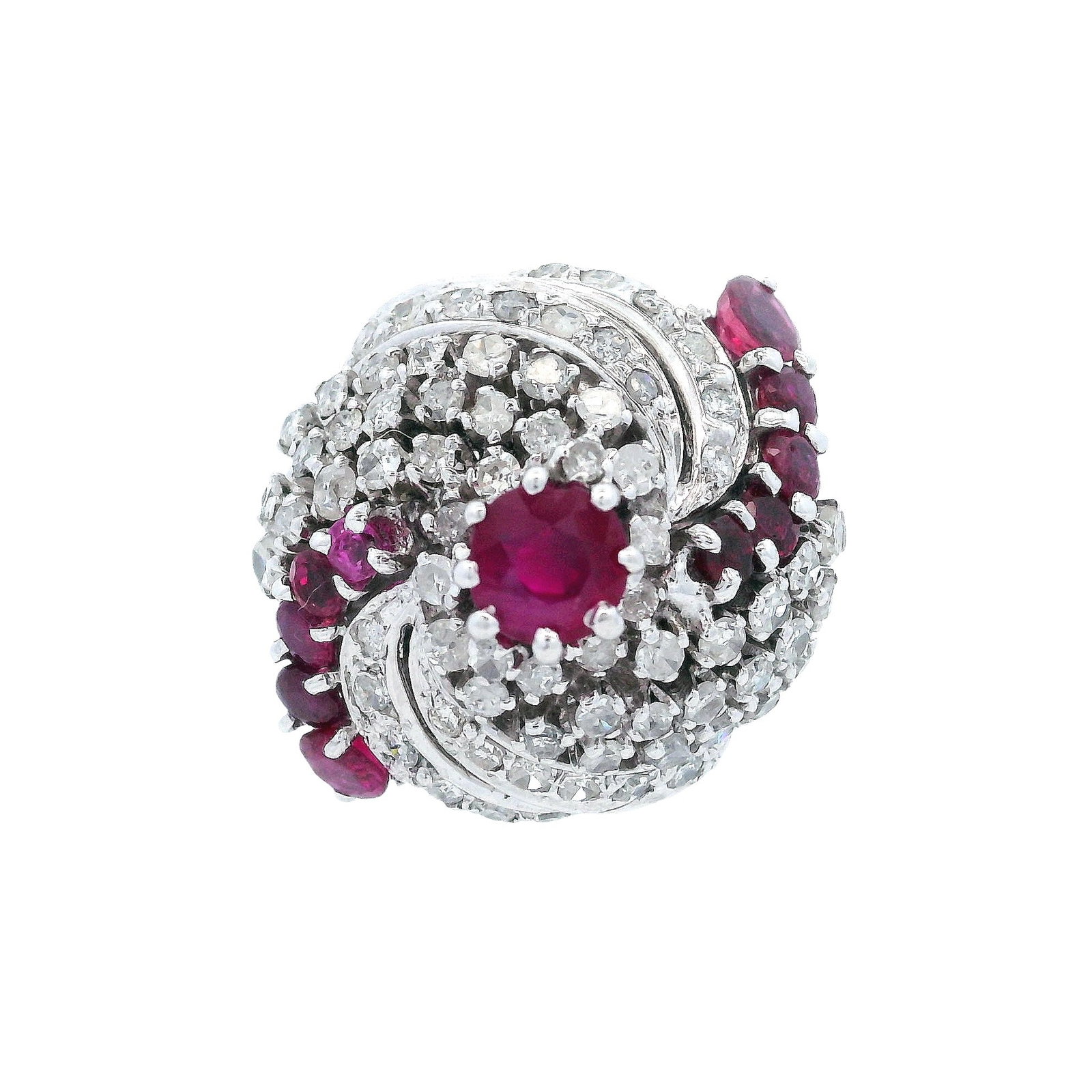 14K White Gold Ring with 1.85 CTW in Rubies & Diamonds: Vintage 14K white gold cocktail ring in a bold, domed cluster design, set with round-cut rubies totaling approx. 1.05 ctw and round-cut diamonds totaling approx. 0.80 ctw (H?I color). The sculptural, 