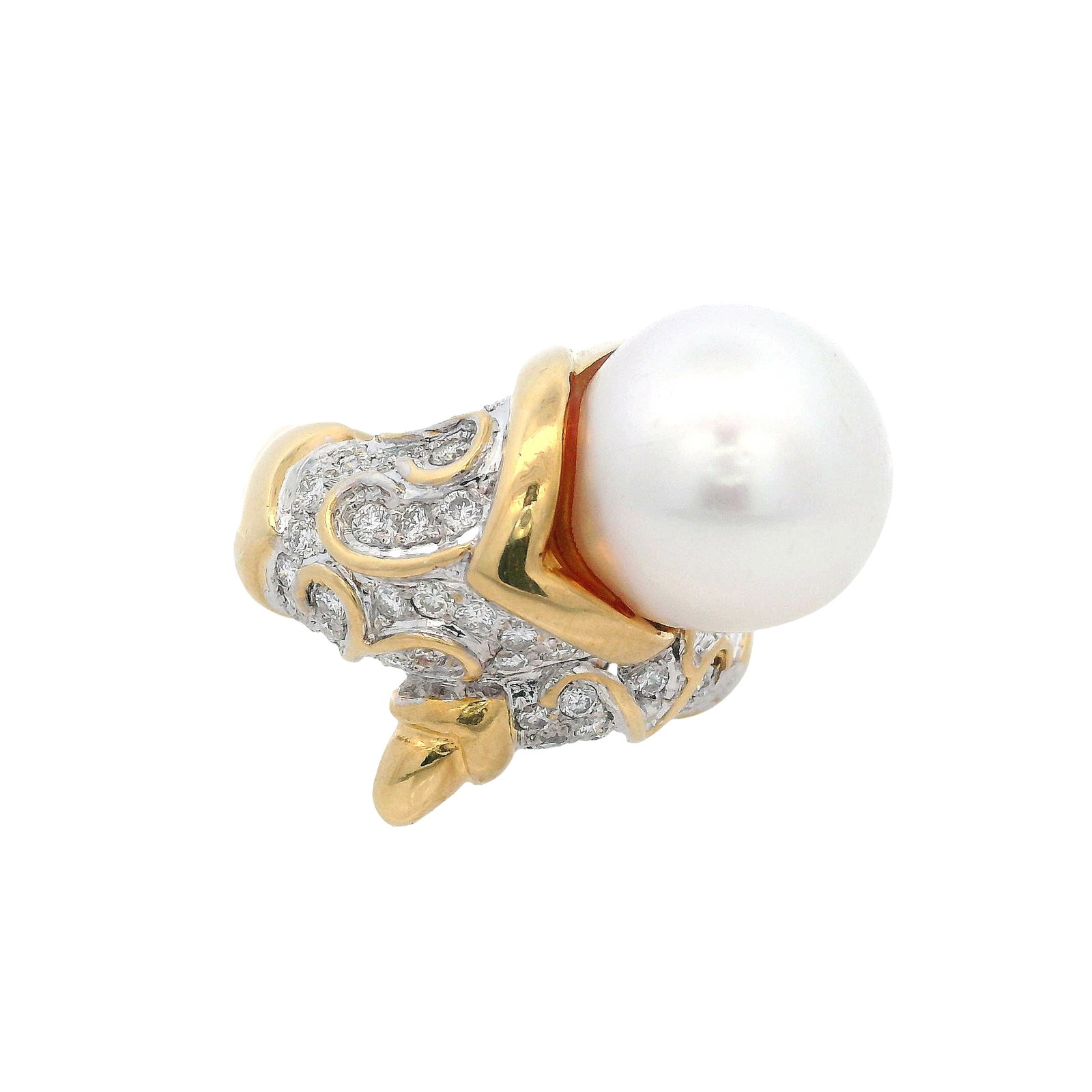 18K Yellow Gold Ring with 0.75 CTW in Diamonds & Pearl: Mid-century 18K yellow gold crossover ring centered with a luminous 12.5mm South Sea pearl, accented by 40 round brilliant diamonds totaling approx. 0.75 ctw (F?G color, VS1 clarity) in white-metal se