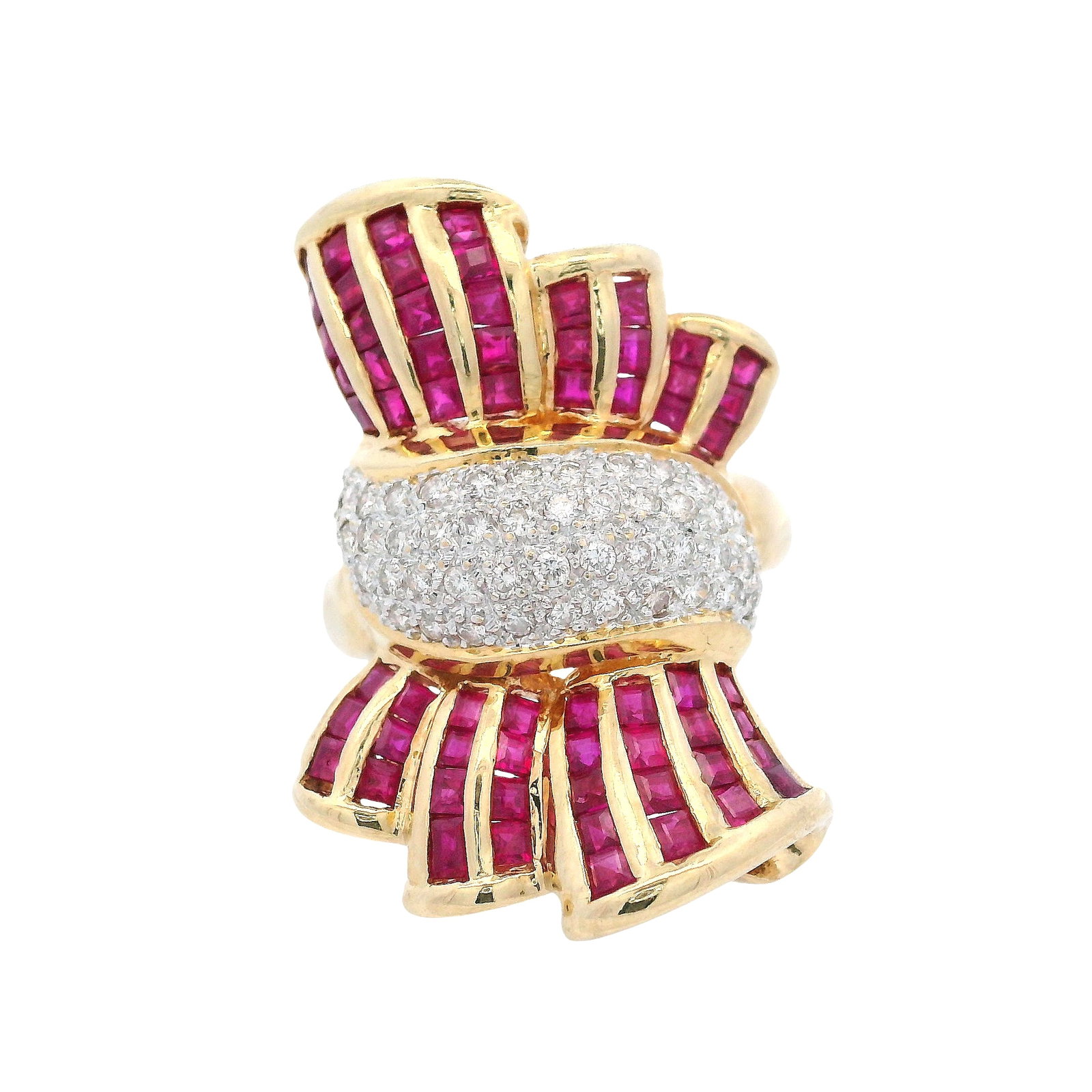 18K Yellow Gold Ring with 3.30 CTW in Rubies & Diamonds: Bold Bellarri cocktail ring in solid 18K yellow gold, designed with a dramatic fan/bow motif set with square-cut rubies totaling approx. 2.50 ctw and a pav? center of round brilliant diamonds totaling
