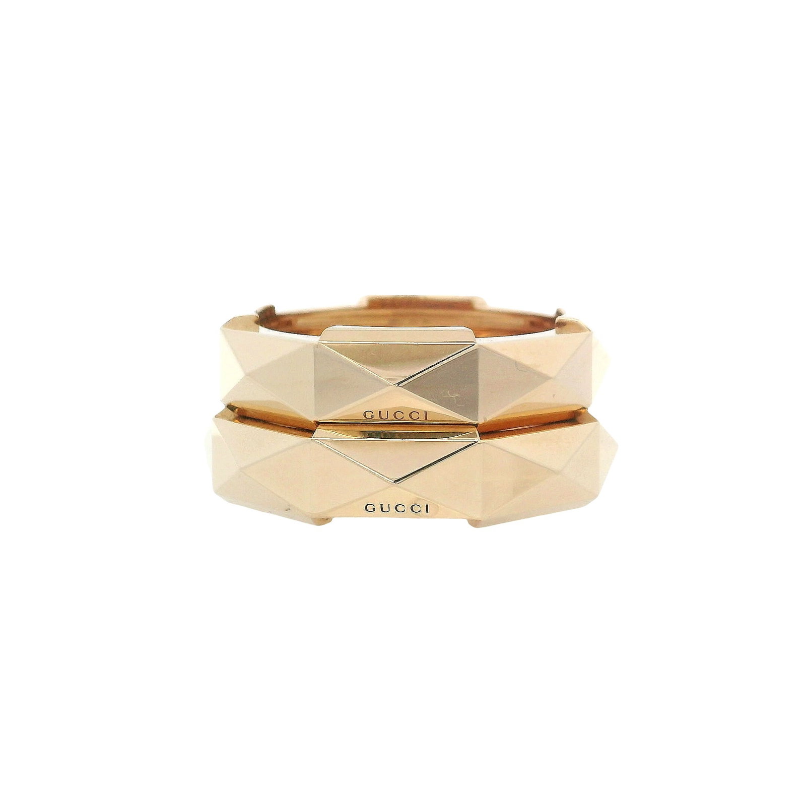 GUCCI 18kt yellow Gold Link to Love Mirrored stackable Ring: Pair of GUCCI Link to Love mirrored stackable rings crafted in solid 18K yellow gold (Au750), designed to wear together as a bold 12.0 mm statement band or separately on different fingers. Each ring m