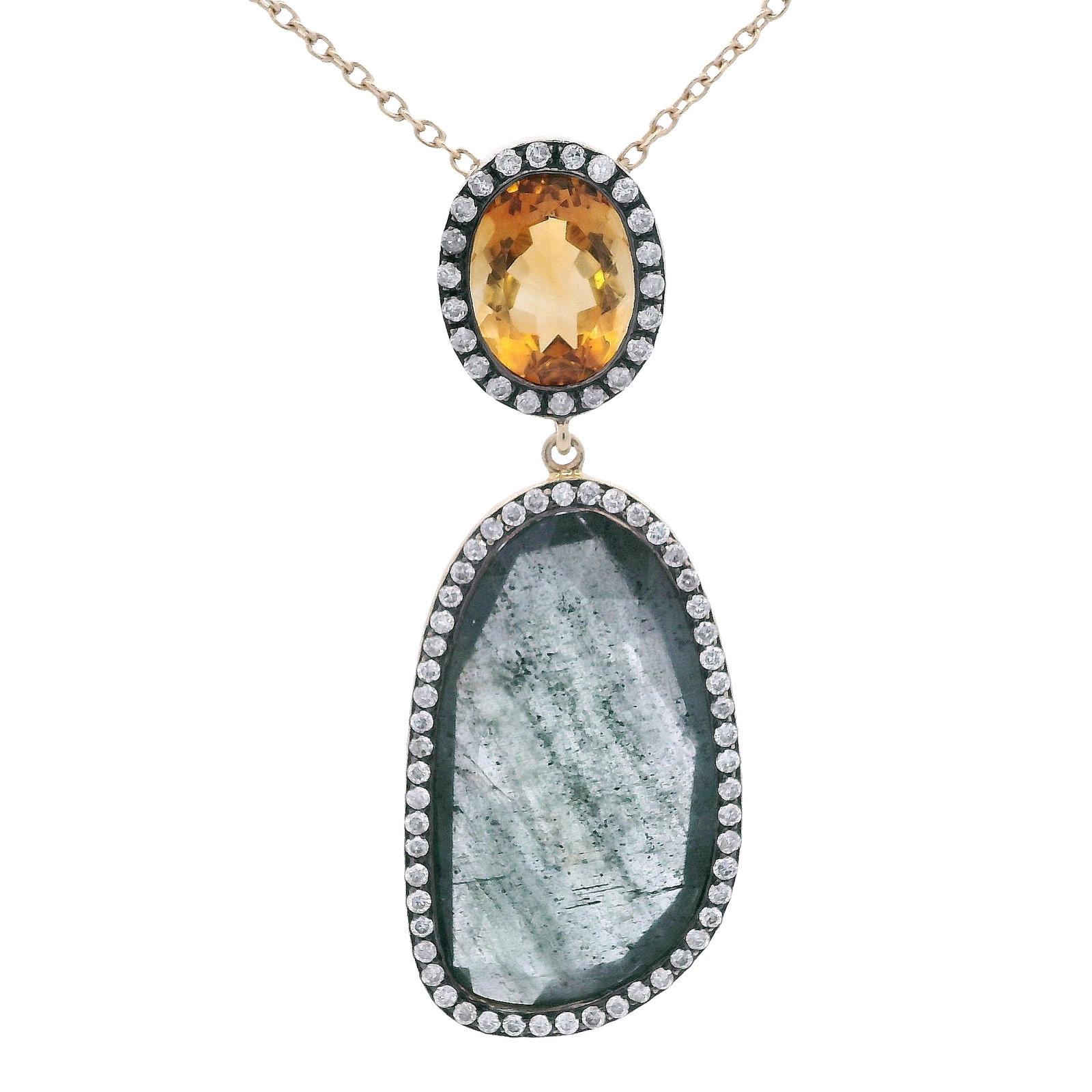 14kt yellow Gold Necklace with Labradorite, Citrine & Diamonds: 14kt yellow Gold Necklace featuring a faceted Labradorite, along with a oval cut Citrine. Embellished with Round cut Diamonds weighing together Approx. 0.50 carats. H color. Pendant measurements: 1.60