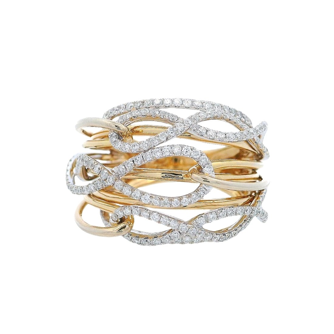 18K Yellow & White Gold Ring with 1.14 CTW in Diamonds: 18K yellow and white gold wavy ring designed with an airy, interlaced swirl motif, featuring multiple diamond-set ribbon strands for a layered, dimensional look. Set with round-cut diamonds totaling 1