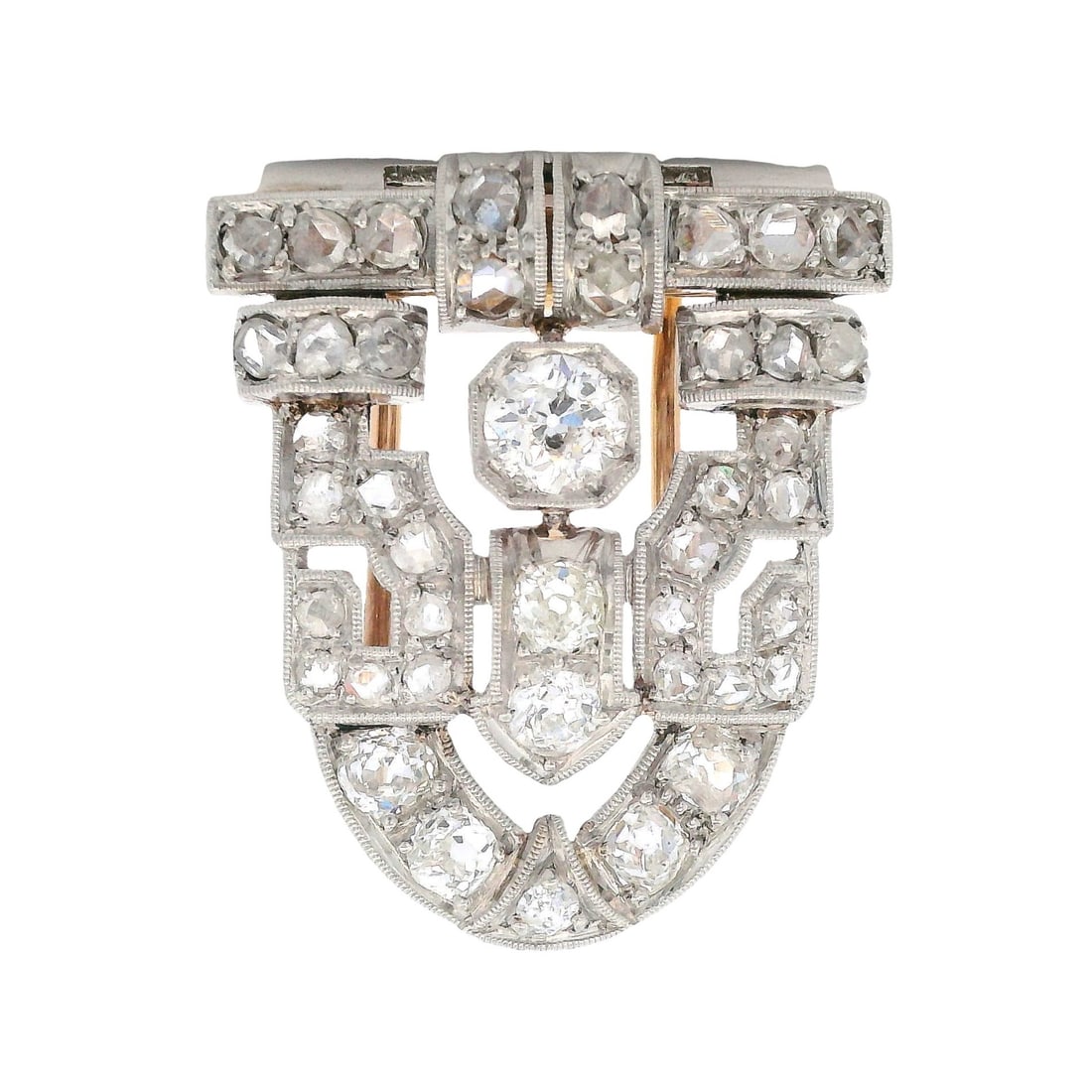 Art Deco Rose Gold & Platinum Filigree Pin Brooch with 1.90 CTW Diamonds: Art Deco filigree pin brooch crafted in rose gold with platinum-topped settings, centered with an old mine diamond approx. 0.40 ctw (H?J color, I2 clarity) and accented with 41 old mine- and rose-cut 
