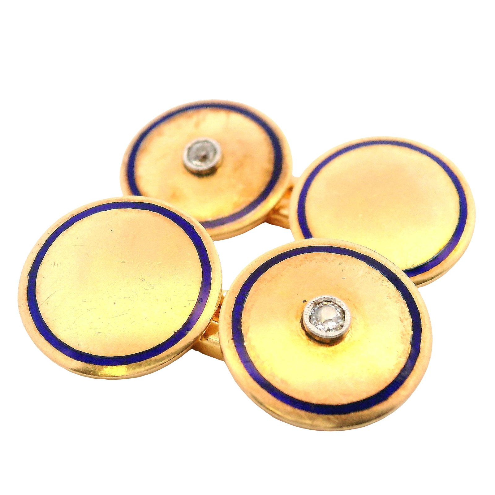 Art Deco 18K Yellow Gold Cufflinks with 0.10 CTW Diamonds: Art Deco 18K yellow gold cufflinks with blue enamel accents, each set with an old mine diamond for a combined approx. 0.10 ctw (H?J color, SI clarity). Diameter approx. 0.60 inches. Stamped ?18?. Tota