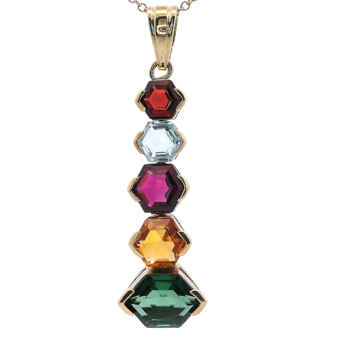 18kt yellow Gold Pendant with Multicolor Stones: 18kt yellow Gold Pendant featuring graduated Semi Precious stones such us Garnet, Aquamarine, Pink Tourmaline, Citrine and Green Tourmaline. Total weight: 2.8 grams. Stamped: "750". Measurements: 1.25