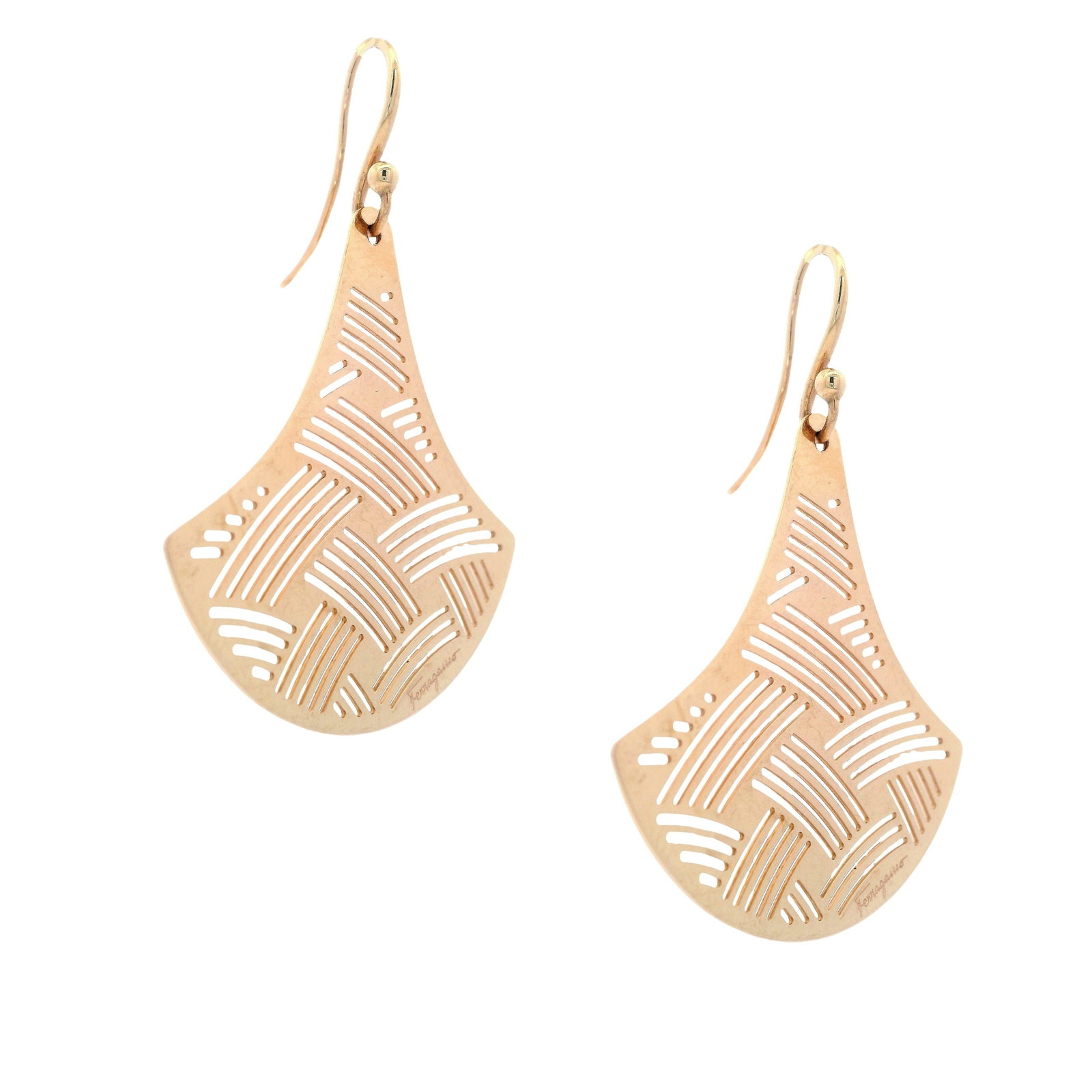 FERRAGAMO 18K Yellow Gold Dangling Earrings: FERRAGAMO dangling earrings crafted in 18K yellow gold, featuring large openwork teardrop-shaped drops with an engraved geometric pattern and elegant hook wires. Measures approx. 2.25 x 1.65 inches. T