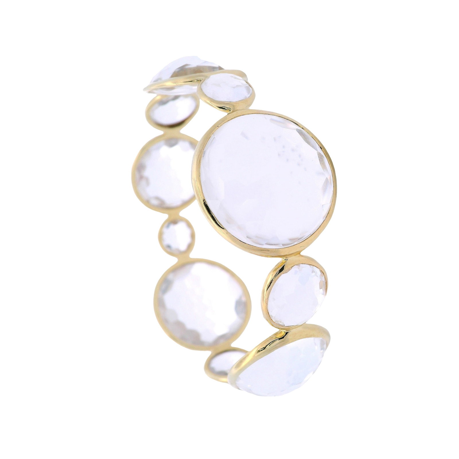 Ippolita 18kt yellow Gold Bangle Bracelet with Rock Crystal: Gorgeous bangle bracelet crafted in 18kt yellow gold by renowned designer Ippolita, featuring 11 exquisitely faceted cabochon cut rock crystals that catch and reflect light with brilliant clarity. Aut
