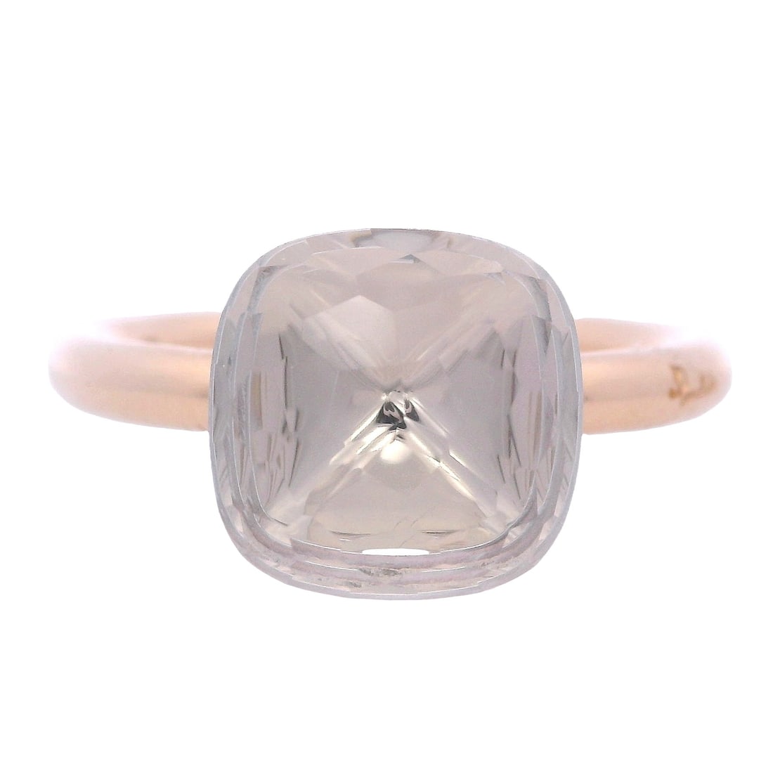 Pomellato 18kt yellow Gold Ring Big Nudo size with white Topaz: Exceptional 18kt yellow gold ring by the renowned Italian jewelry house Pomellato, from their prestigious Nudo collection, featuring a stunning white topaz cut with Pomellato's distinctive faceted tec