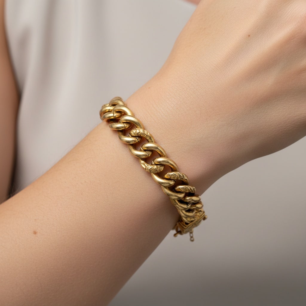 Antique 18K Yellow Gold Hollow Link Bracelet: Antique 18K yellow gold hollow link bracelet featuring bold, textured oversized links and a safety chain for secure wear. Measures approx. 6.75 x 0.35 inches. Total weight 16.8 grams.
