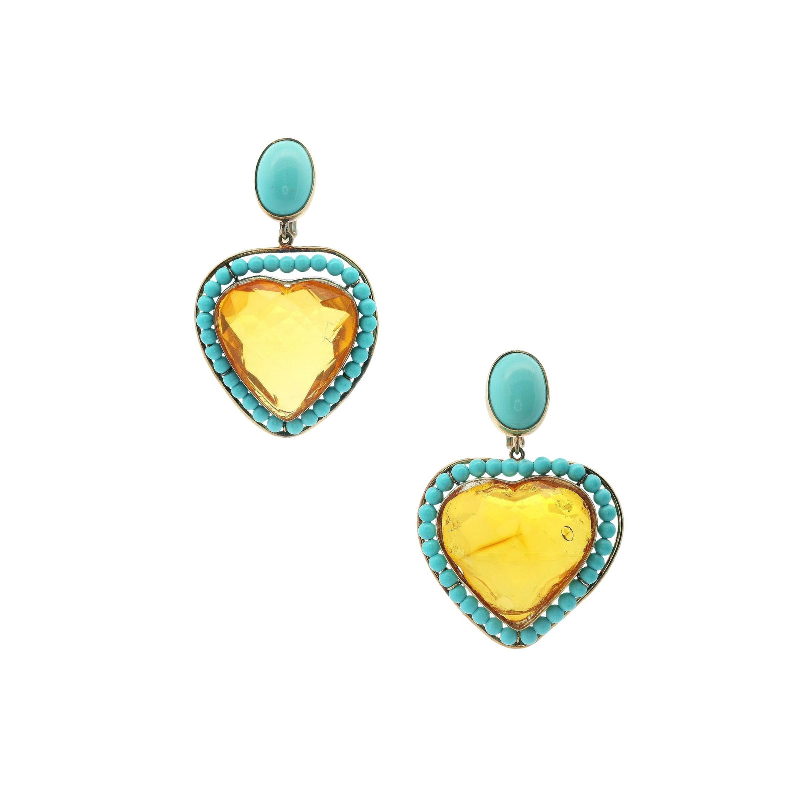 Vintage 18K Yellow Gold Heart Drop Earrings with Amber & Turquoise: Vintage 18K yellow gold dangling heart earrings featuring two heart-shaped amber drops framed by a border of turquoise beads, topped with oval cabochon turquoise studs for a bold, colorful statement. 