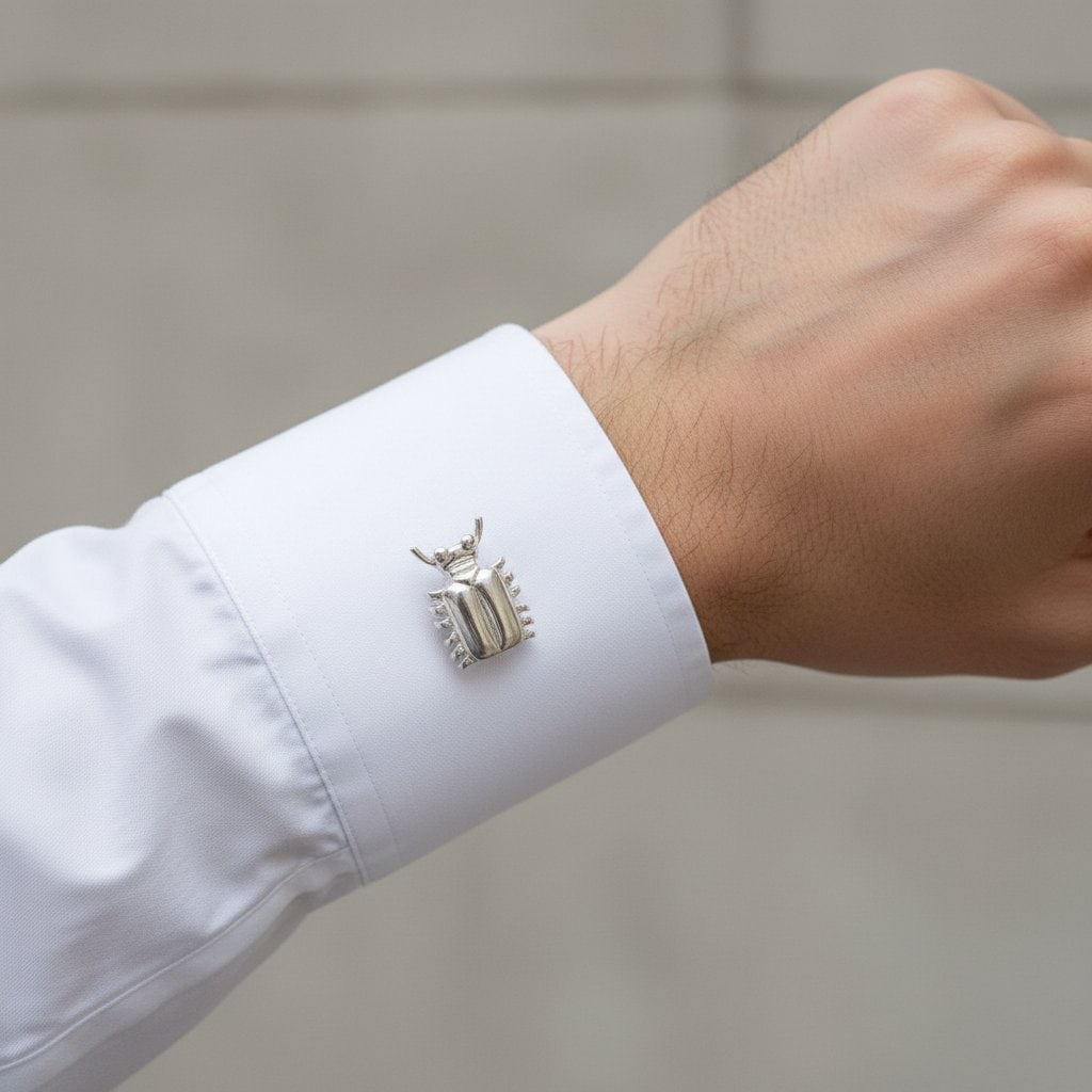 Rare Solid Sterling Silver Cufflinks: Rare solid sterling silver cufflinks featuring articulated square-link tops with whimsical dangling insect motifs. Total weight 18.6 grams.
