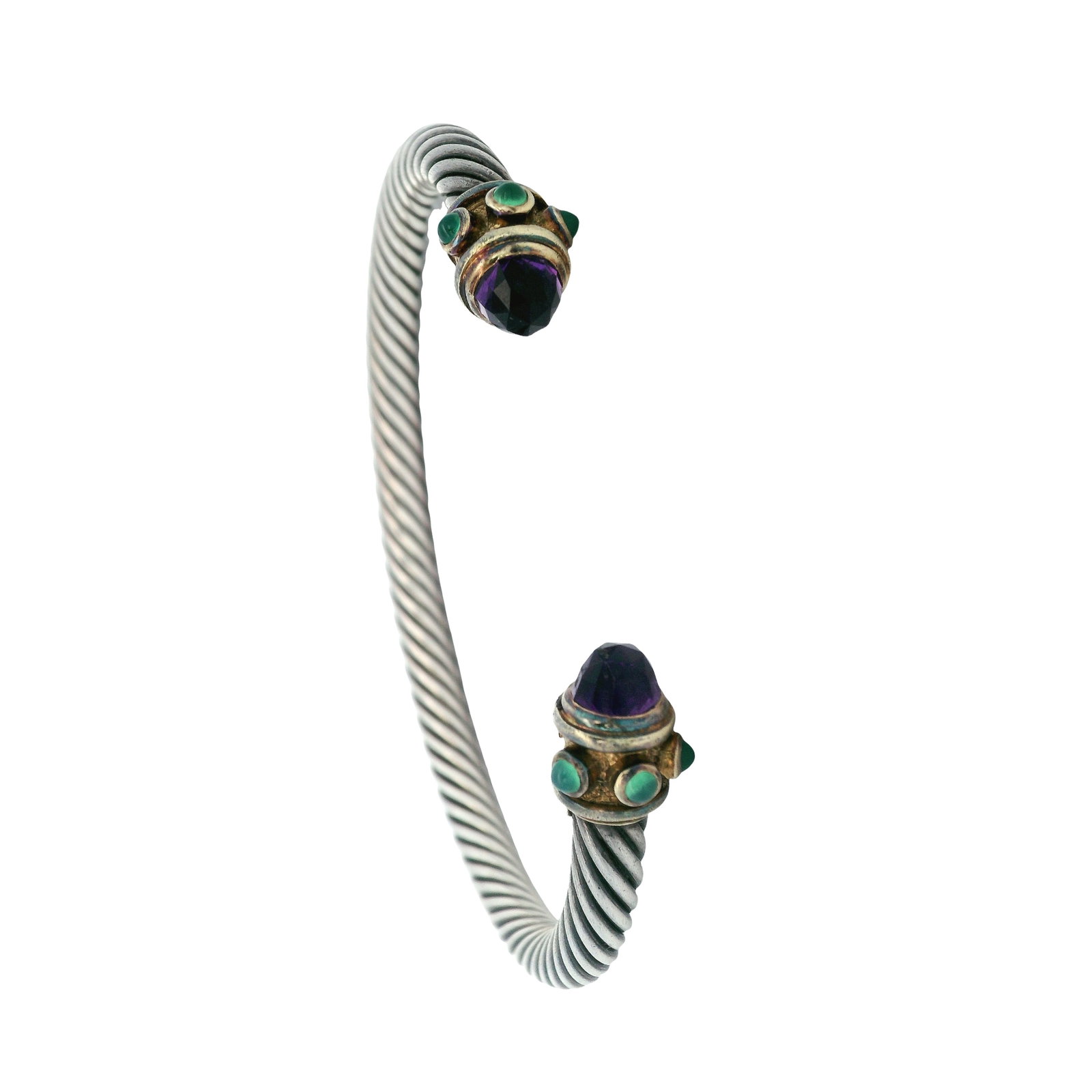 David Yurman Sterling Silver & 14K Yellow Gold Cuff Bracelet with Amethyst & Green Onyx: David Yurman cuff bracelet crafted in sterling silver with 14K yellow gold accents, featuring a classic twisted cable/wire design and capped terminals set with faceted amethyst and green onyx. Total w