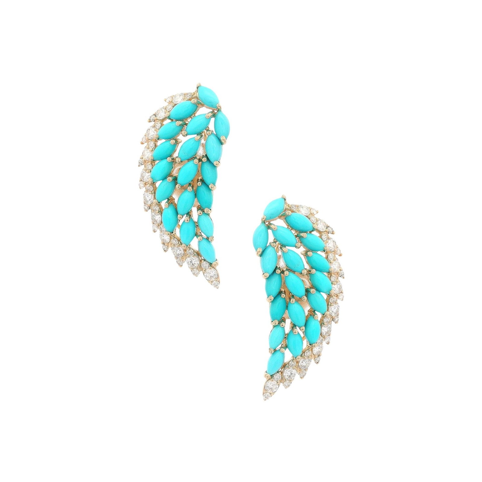 14K Yellow Gold Wing Earrings with 3.90 CTW in Turquoise & Diamonds: 14K yellow gold wing earrings in a feathered, marquise-leaf design (as shown), set with 36 marquise cabochon turquoise totaling approx. 3.25 ctw and edged with 66 round diamonds totaling approx. 0.65
