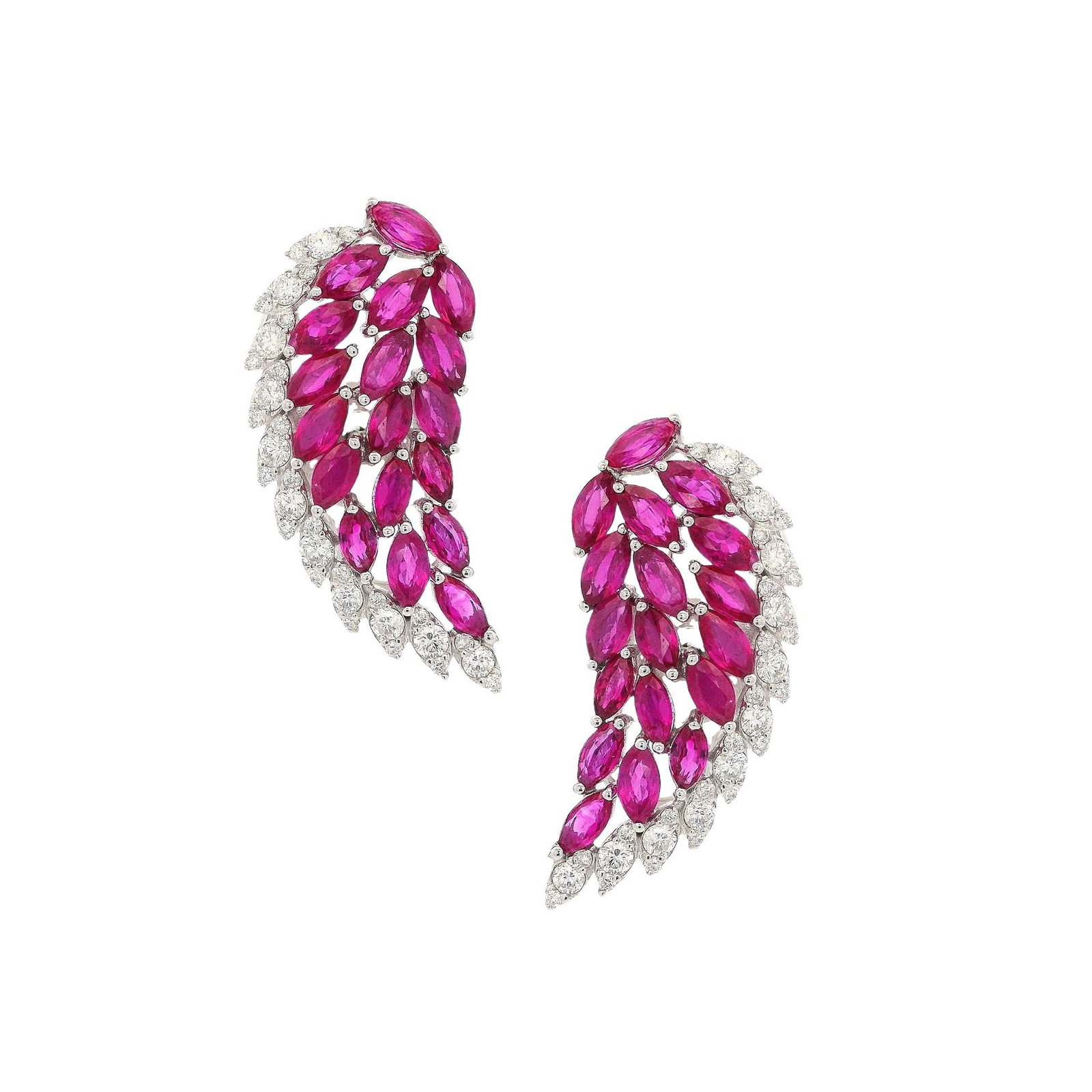 14K White Gold Wing Earrings with 4.40 CTW in Rubies & Diamonds: 14K white gold wing earrings in a feathered, marquise-leaf design (as shown), set with 36 marquise-shaped rubies totaling approx. 3.75 ctw and edged with 66 round diamonds totaling approx. 0.65 ctw fo