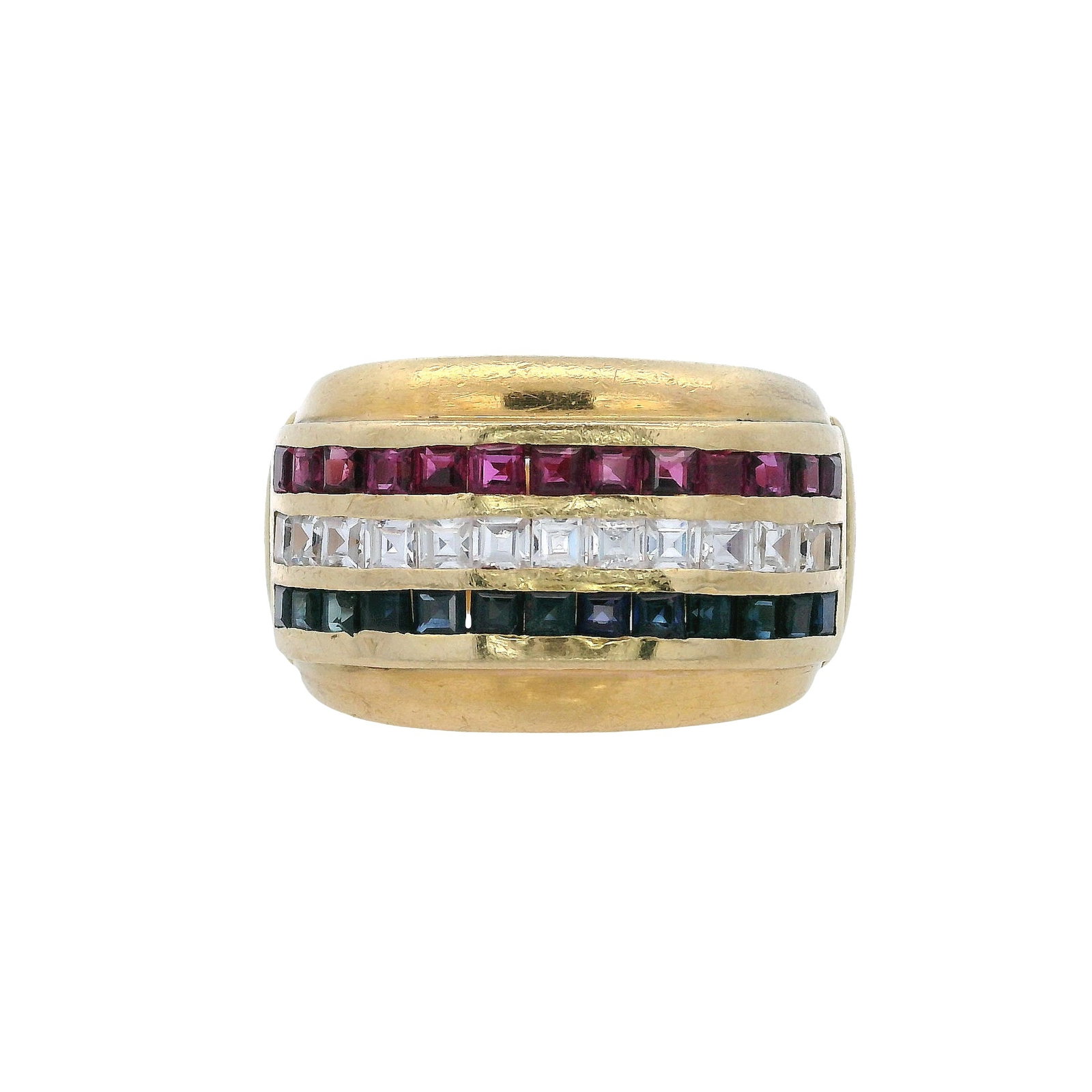 Vintage 18K Yellow Gold Ring with Diamonds, Rubies & Blue Sapphires: Vintage bold 18K yellow gold ring featuring a channel-set row of 13 square-cut diamonds totaling approx. 0.40 ctw (F?G color, VS2 clarity), accented with vivid rubies and blue sapphires for rich color