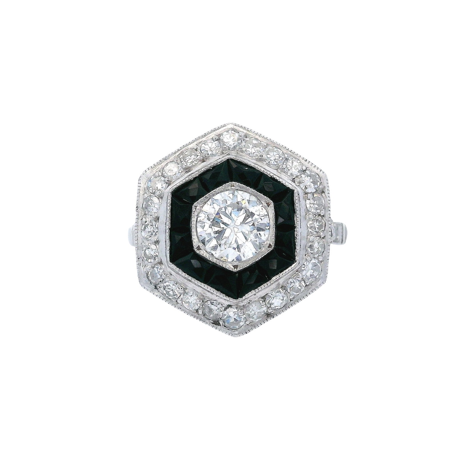 Art Deco Style Platinum Ring with 1.10 CTW in Diamonds & Onyx: Art Deco style platinum ring centered with a European-cut diamond approx. 0.60 ctw (J color, SI clarity), accented with French-cut onyx and single-cut diamonds totaling approx. 0.50 ctw (H color) for 