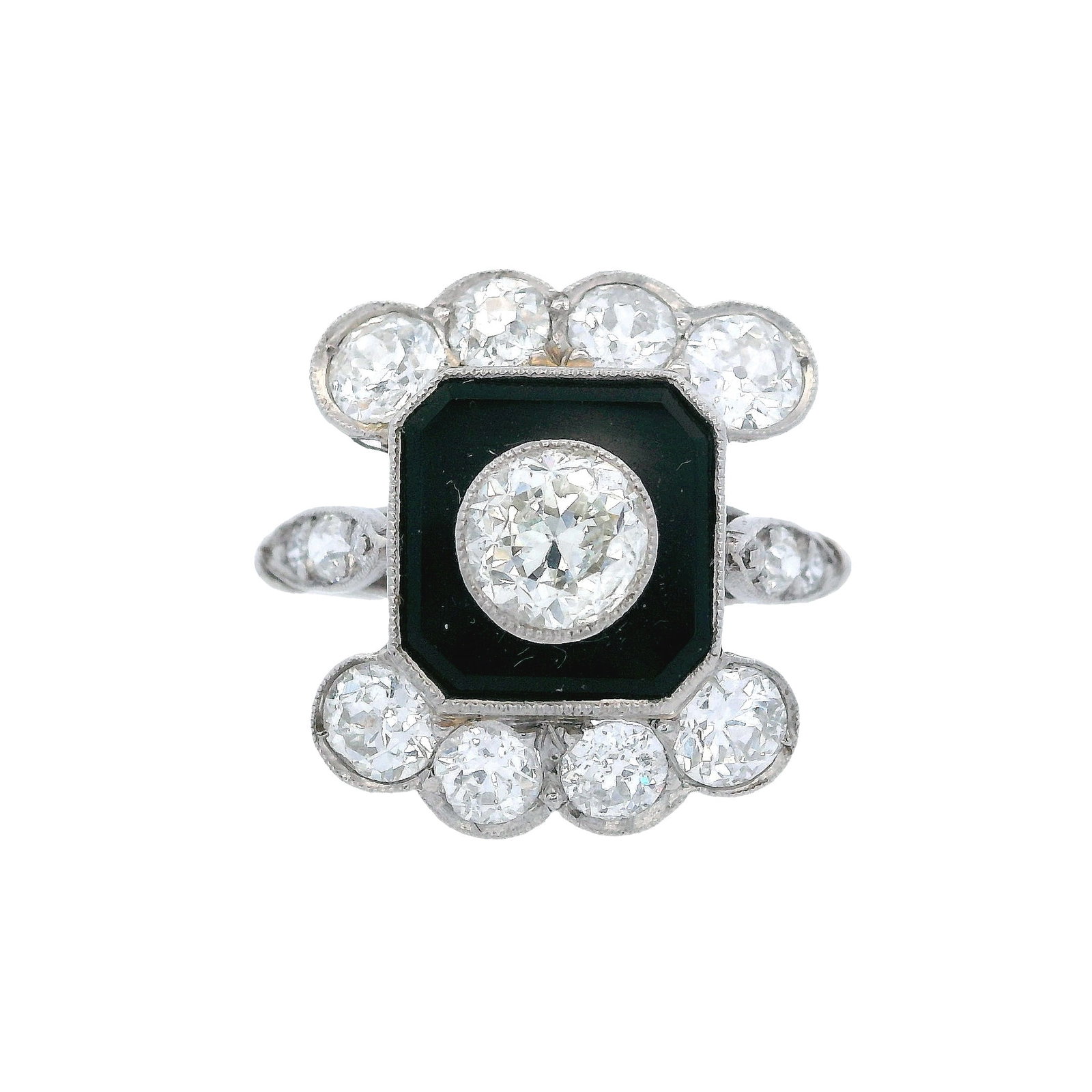 Art Deco Style Platinum Ring with 2.70 CTW in Diamonds & Onyx: Art Deco style platinum ring centered with an old mine-cut diamond approx. 0.75 ctw (L color, SI2 clarity), set with a high-polish onyx element embellished with additional old mine-cut diamonds totali